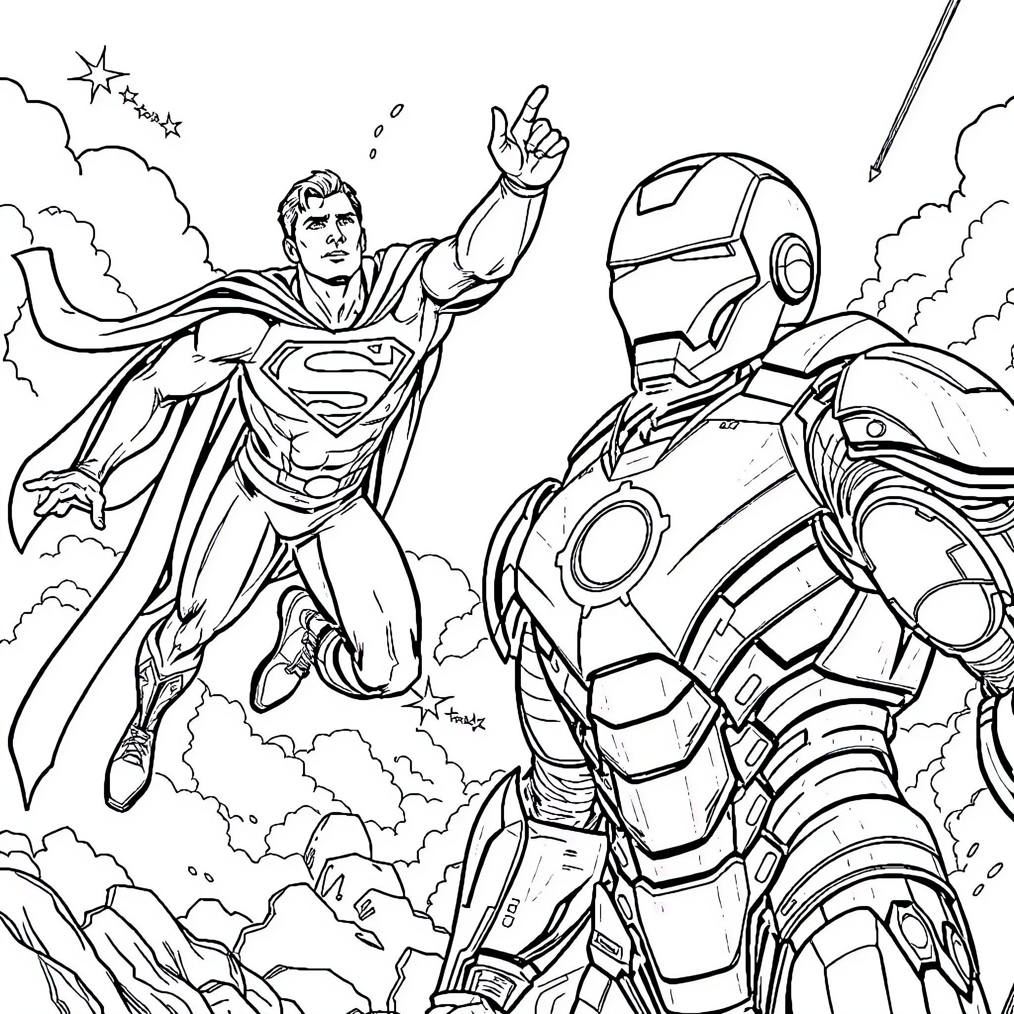 Superman fighting alongside Iron Man in heroic battle Coloring Page (free black-and-white line drawing printable PDF for all, from beginners to advanced learners, including children, teens, adults, and seniors)