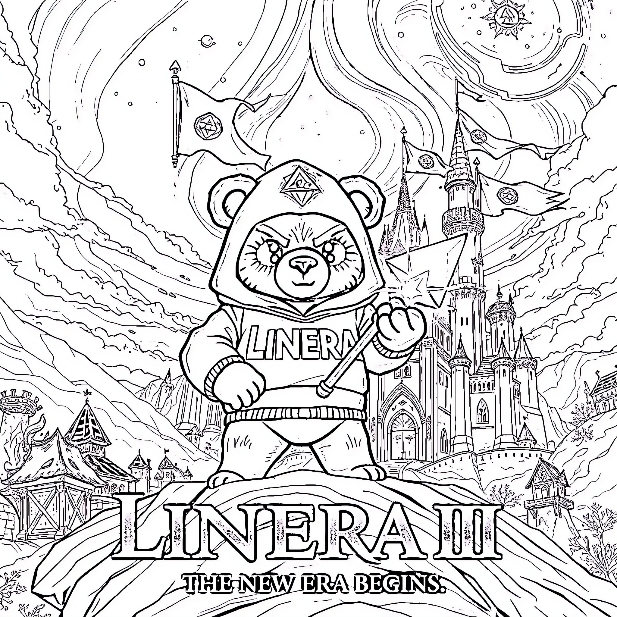 Bear undertaking a mystical adventure in a fantastical realm Coloring Page (free black-and-white line drawing printable PDF for all, from beginners to advanced learners, including children, teens, adults, and seniors)