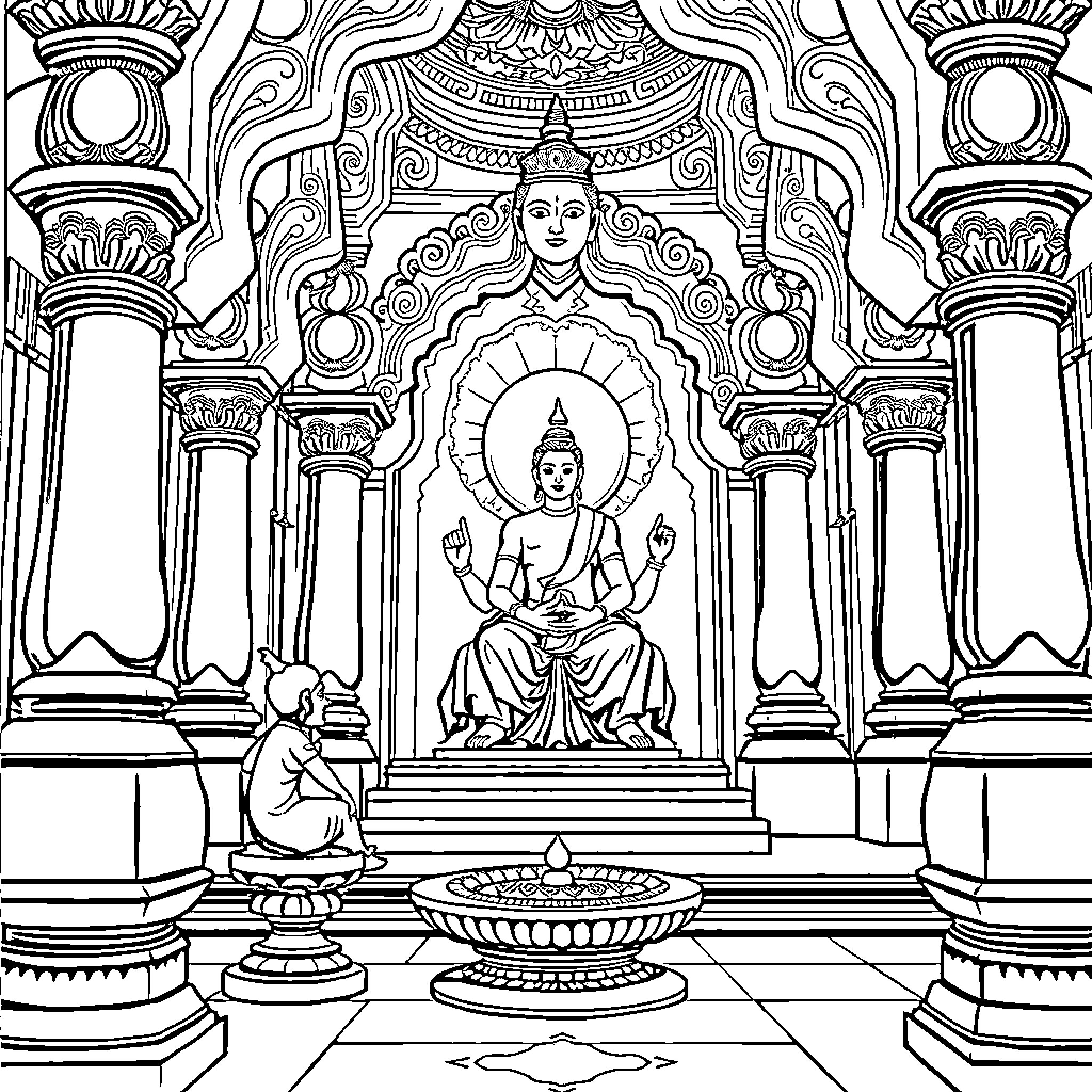 Swasti: Serene Buddhist Temple Worship Scene Coloring Page (free black-and-white line drawing printable PDF for all, from beginners to advanced learners, including children, teens, adults, and seniors)