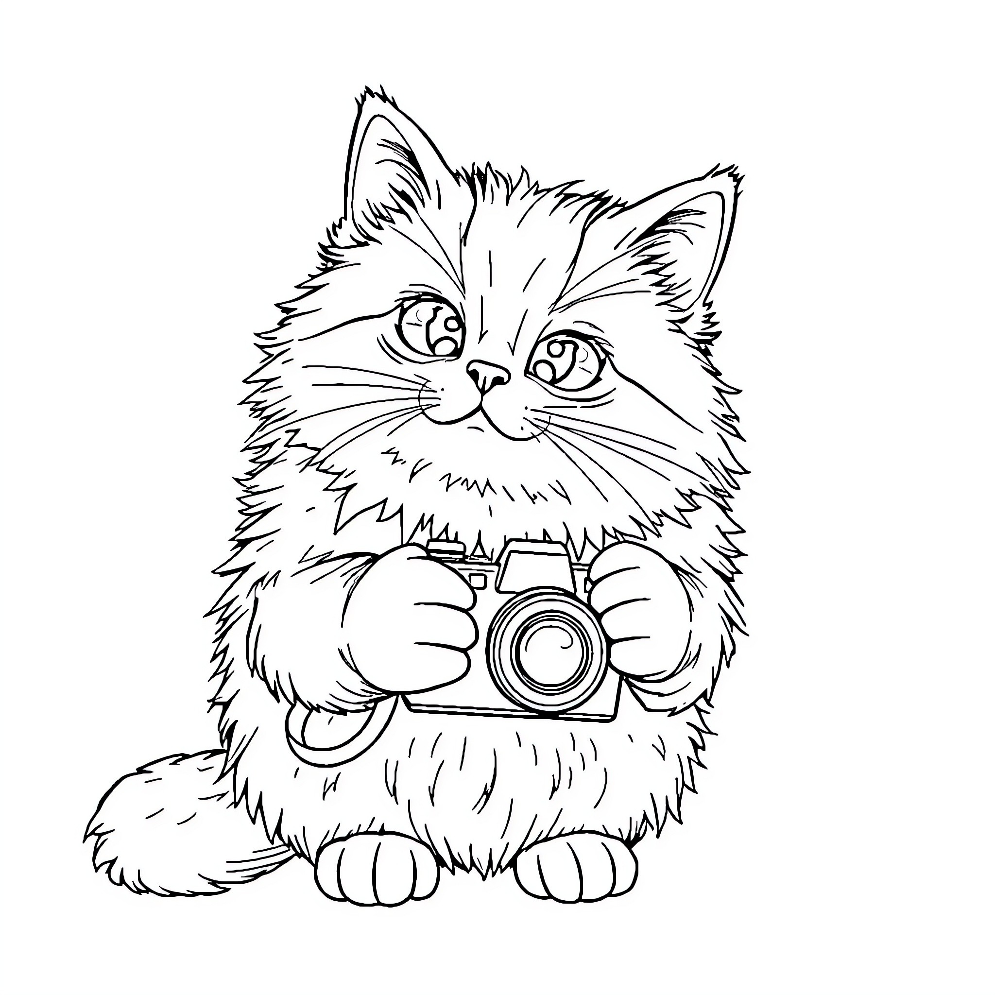 Cat with camera taking a picture Coloring Page (free black-and-white line drawing printable PDF for all, from beginners to advanced learners, including children, teens, adults, and seniors)