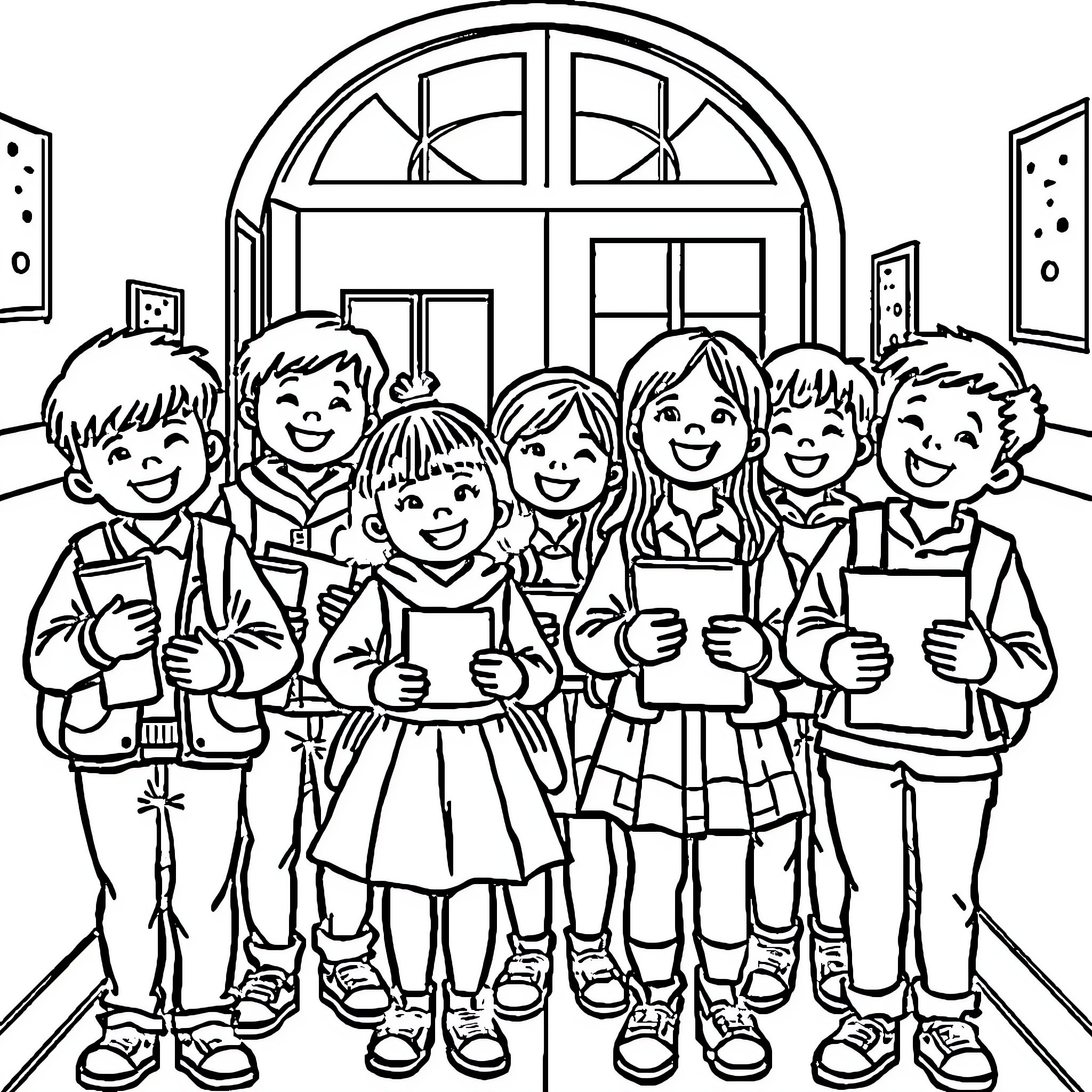 Students Gathered in Classroom with Excitement Coloring Page (free black-and-white line drawing printable PDF for all, from beginners to advanced learners, including children, teens, adults, and seniors)