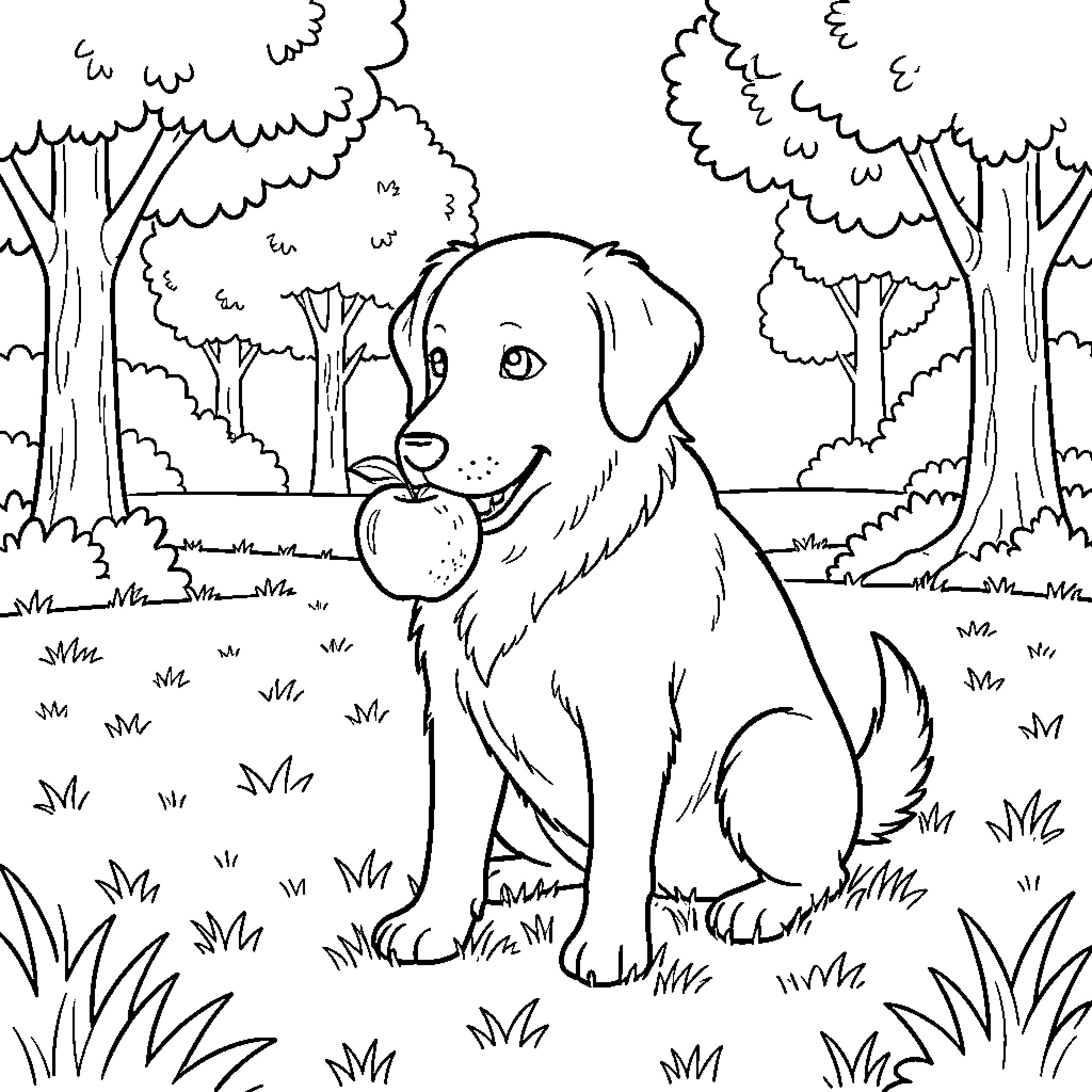 Dog sitting in a park holding an apple Coloring Page (free black-and-white line drawing printable PDF for all, from beginners to advanced learners, including children, teens, adults, and seniors)