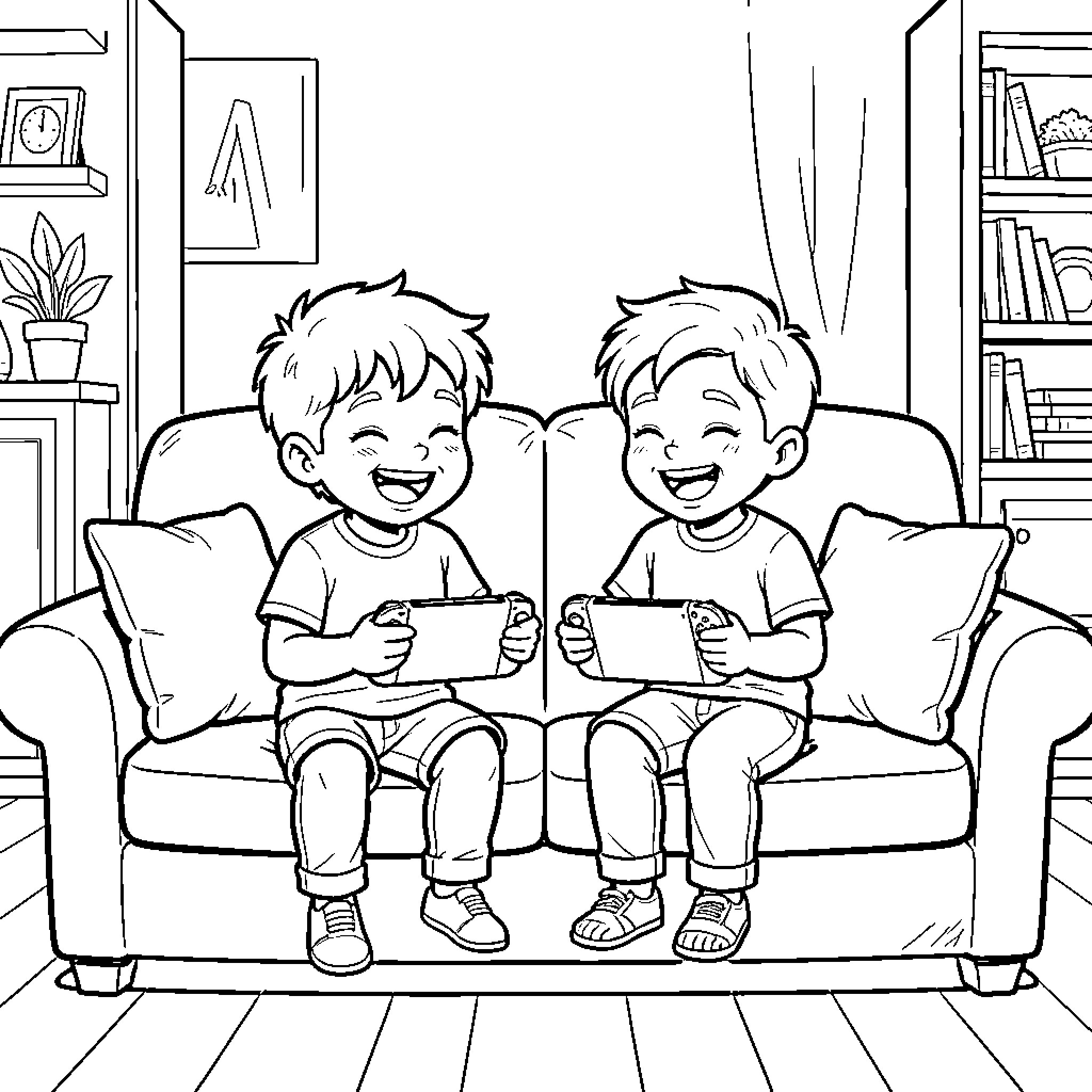Niños playing video games happily on the couch Coloring Page (free black-and-white line drawing printable PDF for all, from beginners to advanced learners, including children, teens, adults, and seniors)