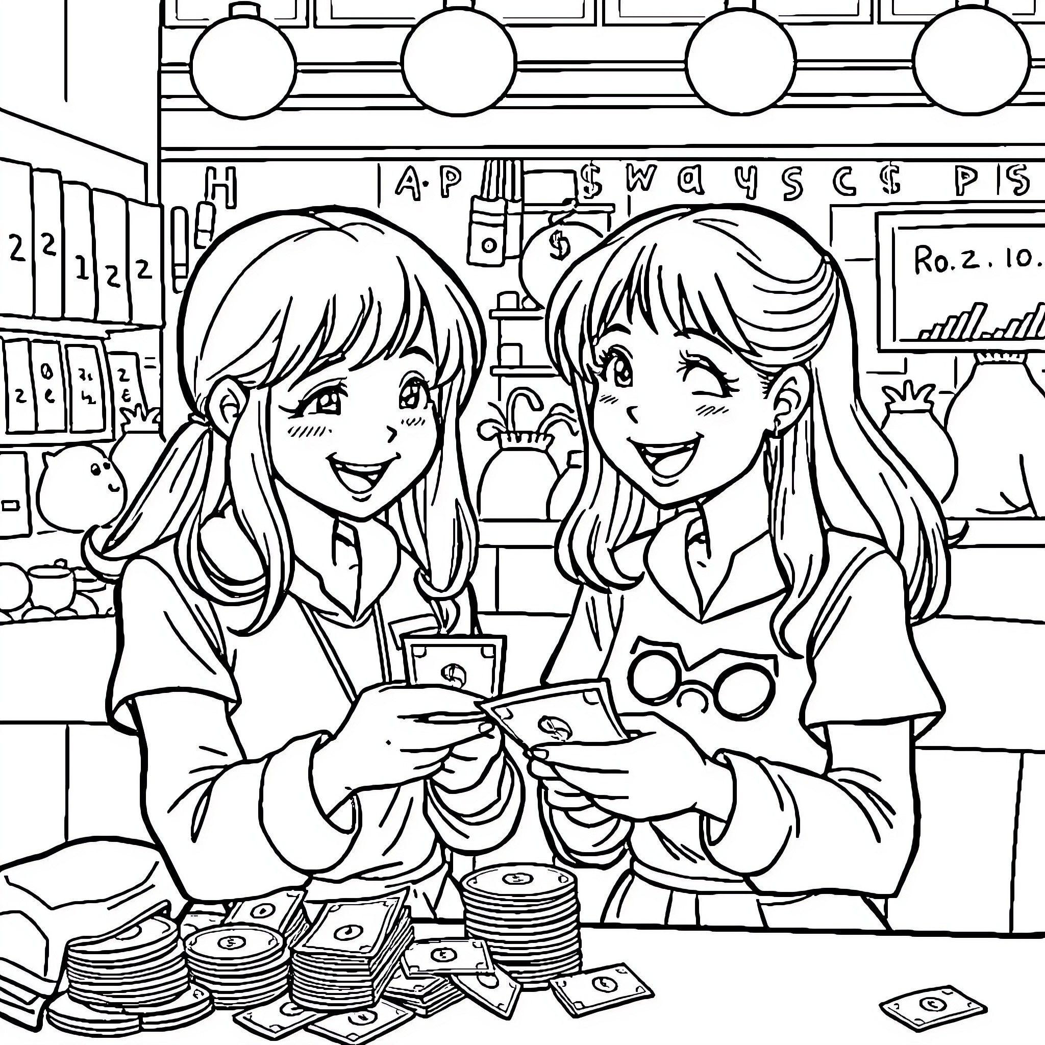Girls playing happily with games at the arcade Coloring Page (free black-and-white line drawing printable PDF for all, from beginners to advanced learners, including children, teens, adults, and seniors)