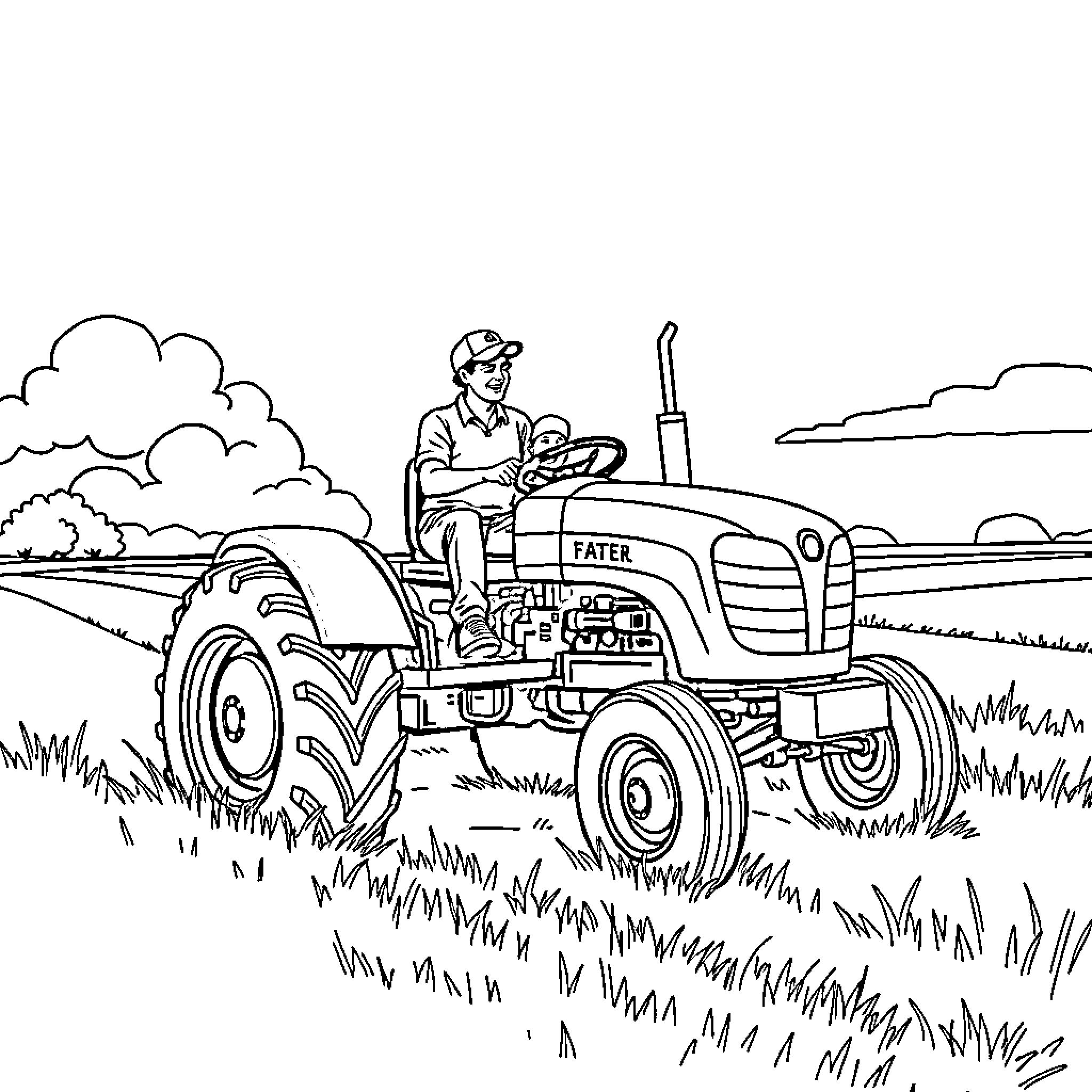 Tractor driver plowing the field Coloring Page (free black-and-white line drawing printable PDF for all, from beginners to advanced learners, including children, teens, adults, and seniors)
