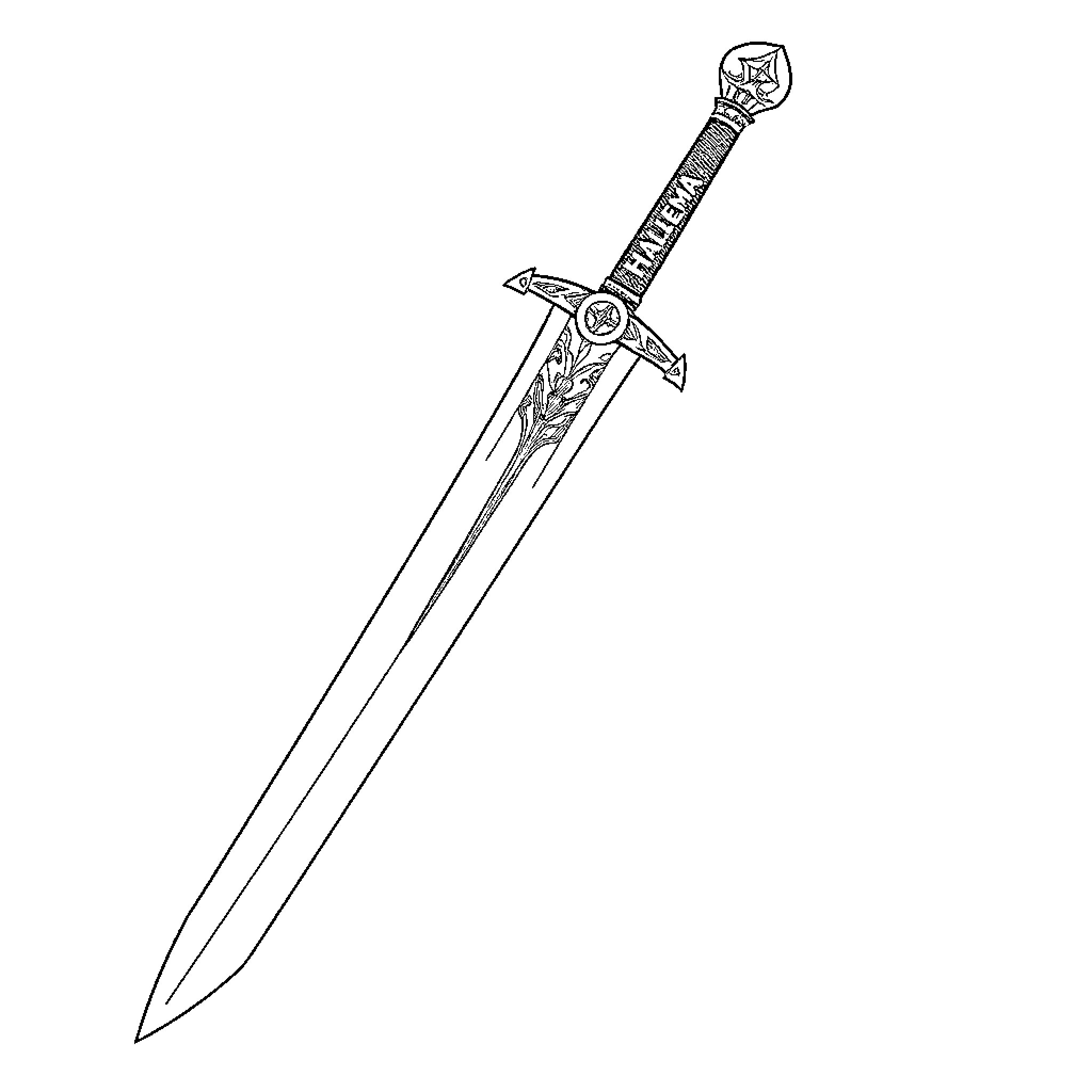 Sword of heroic might and valor Coloring Page (free black-and-white line drawing printable PDF for all, from beginners to advanced learners, including children, teens, adults, and seniors)