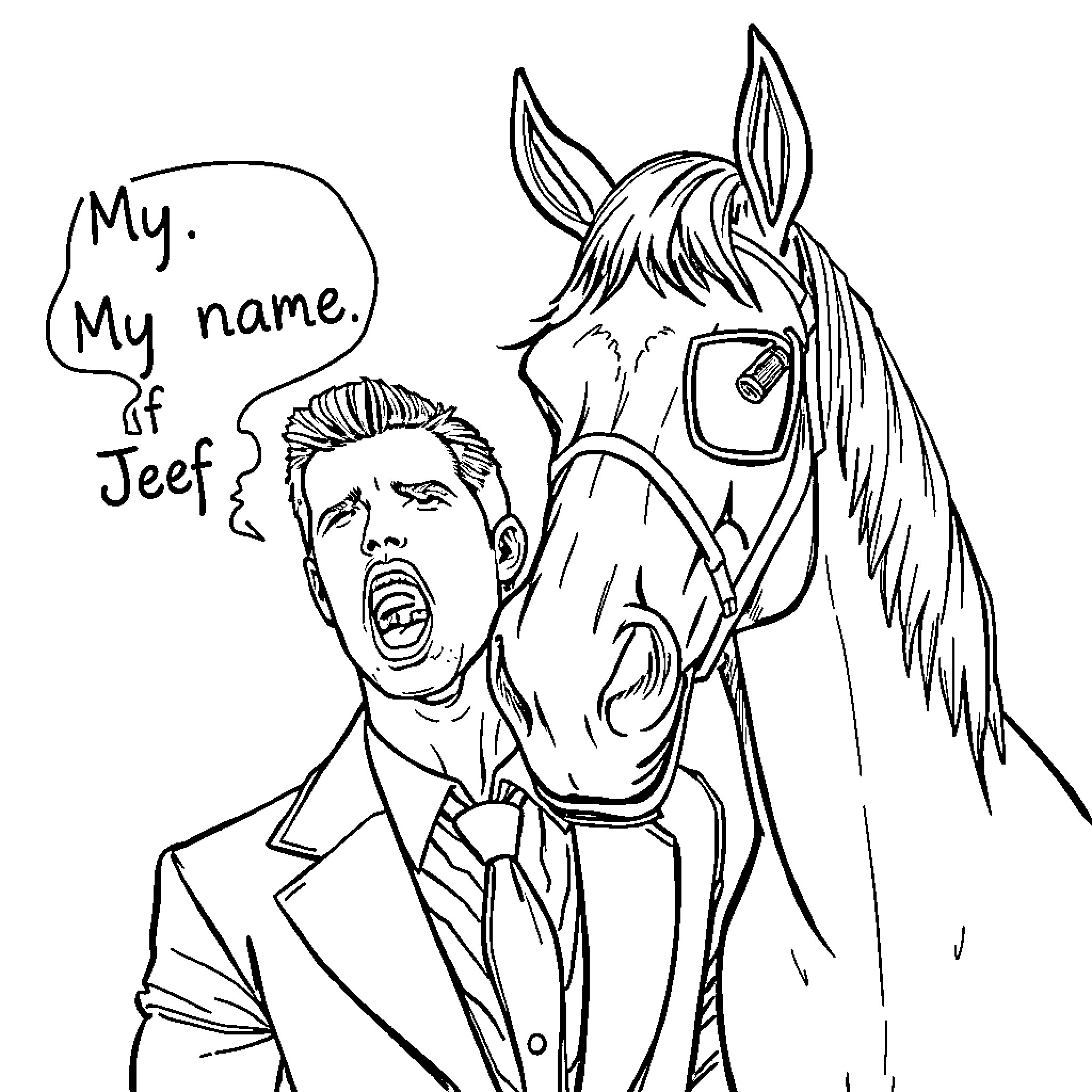 Horse and Man Interacting with Dialogue Coloring Page (free black-and-white line drawing printable PDF for all, from beginners to advanced learners, including children, teens, adults, and seniors)