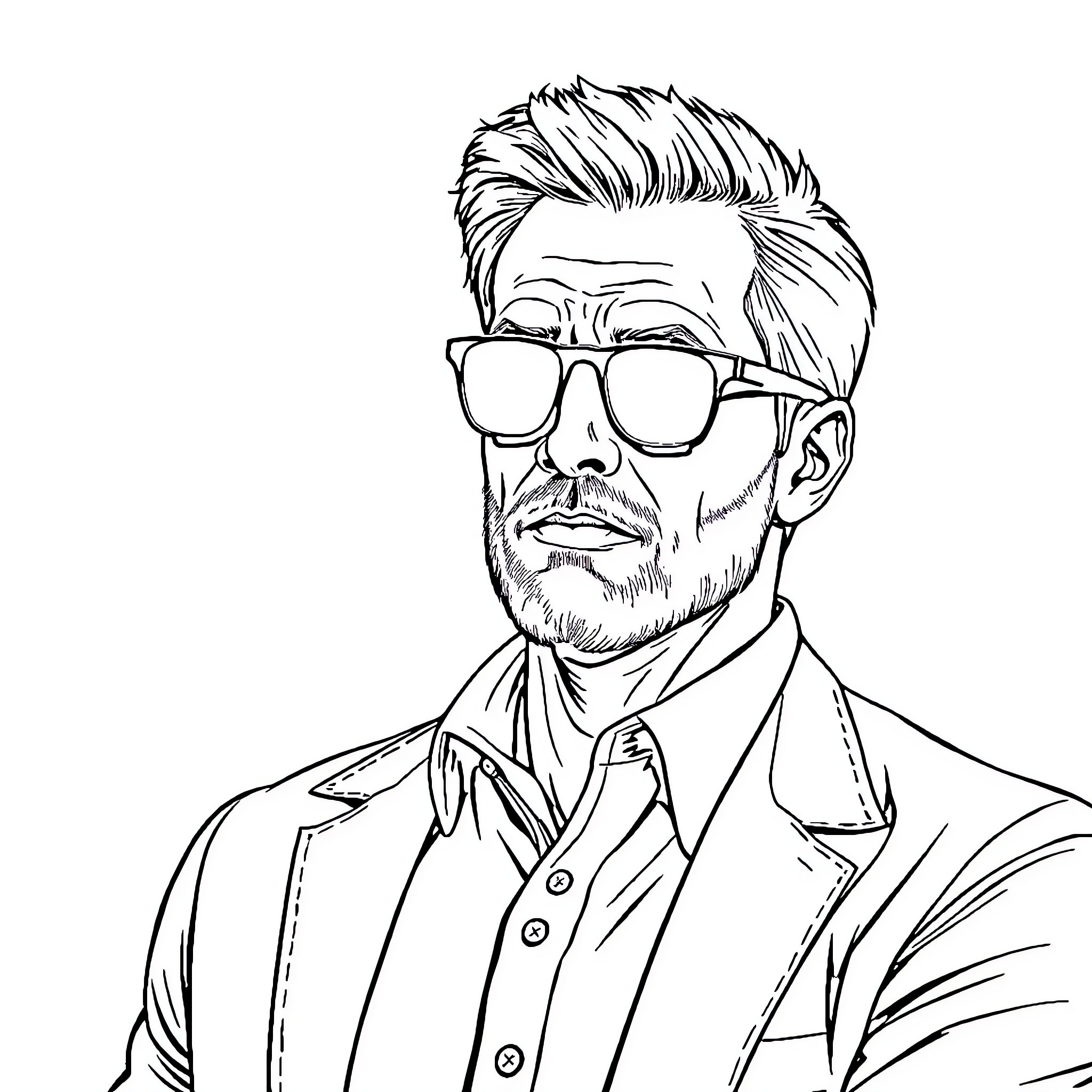 Man in glasses and suit with determined expression Coloring Page (free black-and-white line drawing printable PDF for all, from beginners to advanced learners, including children, teens, adults, and seniors)