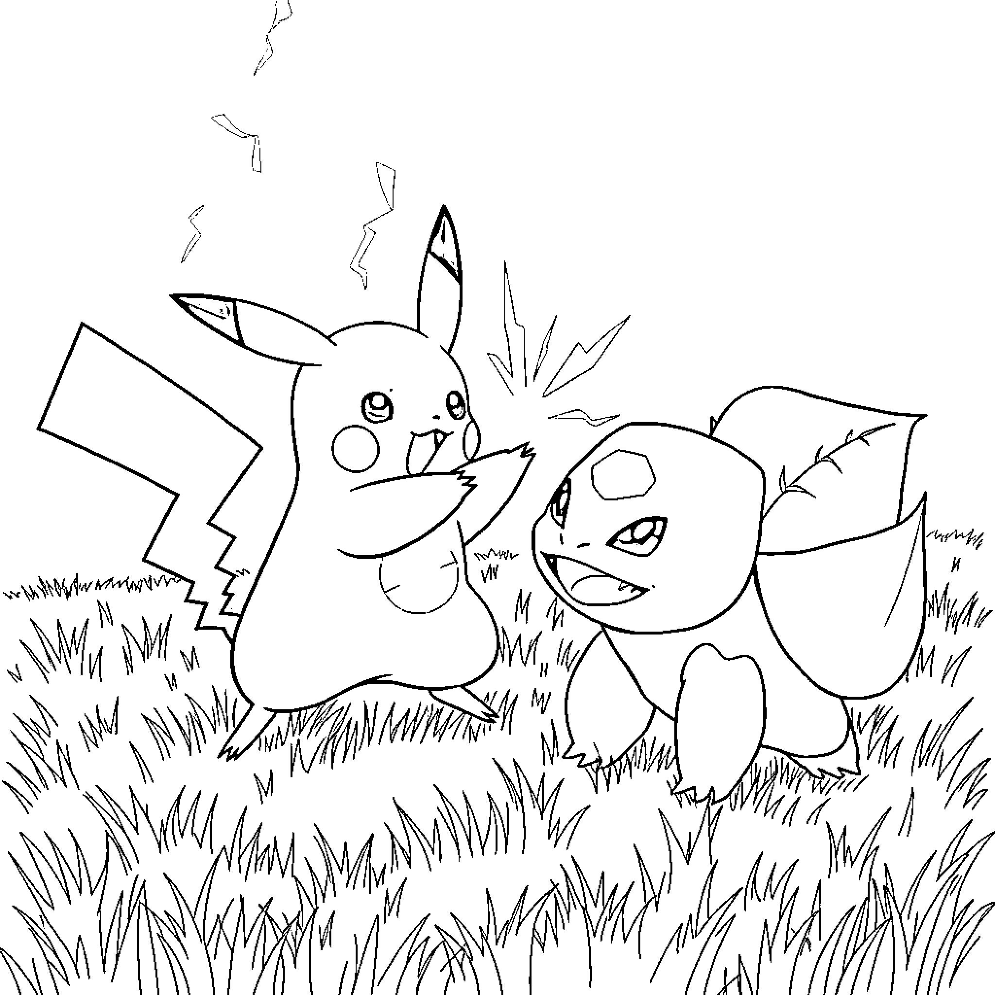 Pikachu and Charmander playing in the grass Coloring Page (free black-and-white line drawing printable PDF for all, from beginners to advanced learners, including children, teens, adults, and seniors)