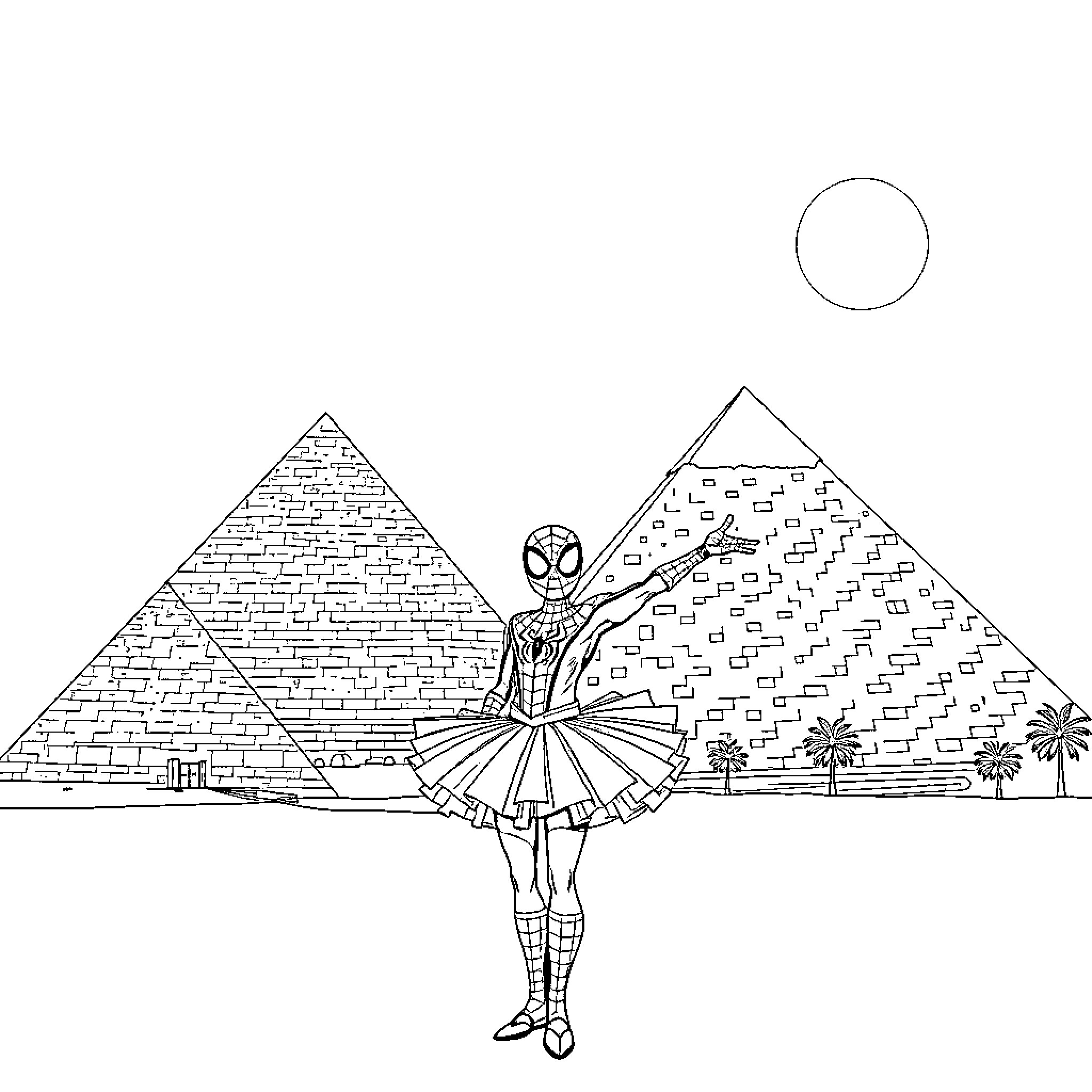 Spider-Man dancing in front of Egyptian pyramids Coloring Page (free black-and-white line drawing printable PDF for all, from beginners to advanced learners, including children, teens, adults, and seniors)