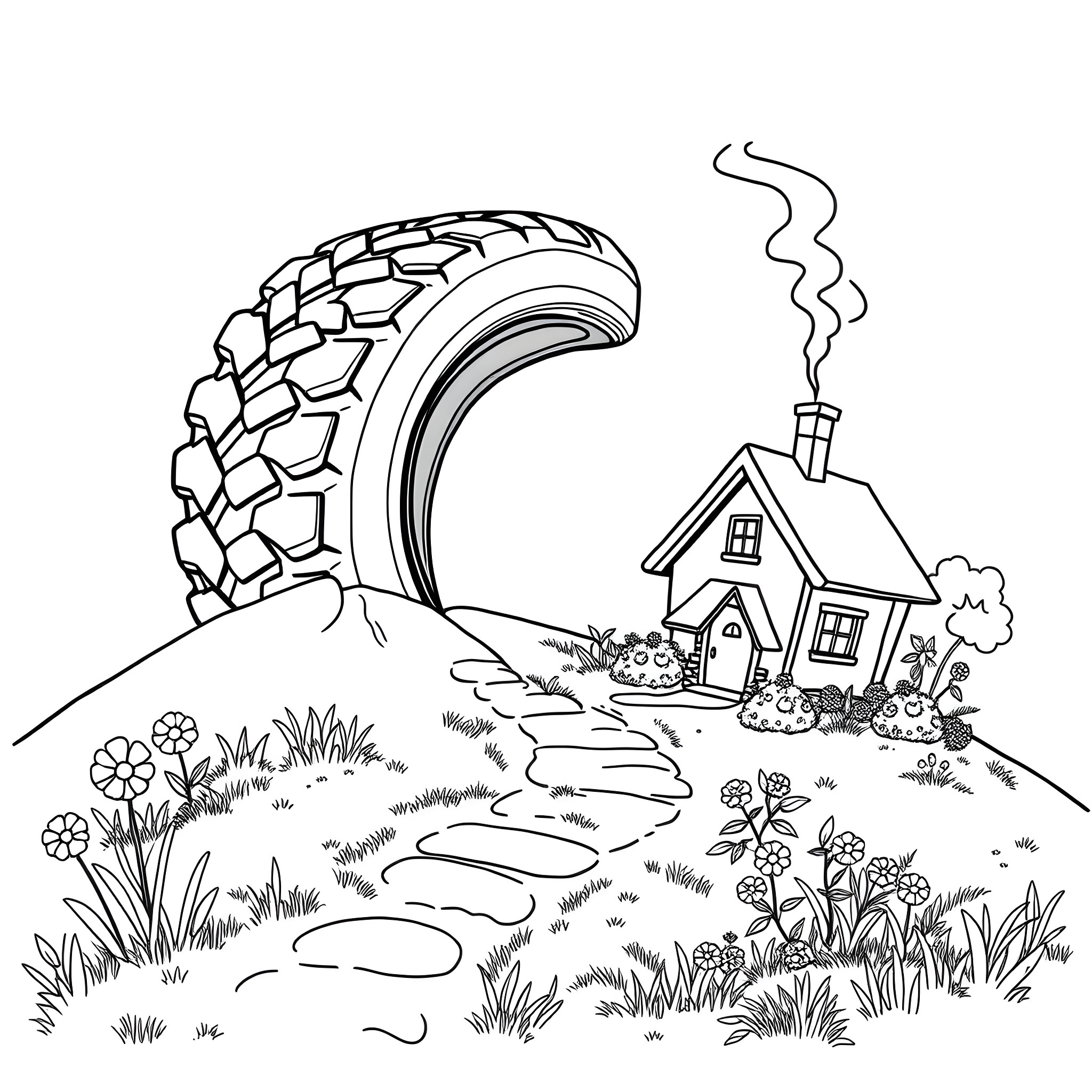 Tire swing overlooking a cozy cottage in the countryside Coloring Page (free black-and-white line drawing printable PDF for all, from beginners to advanced learners, including children, teens, adults, and seniors)