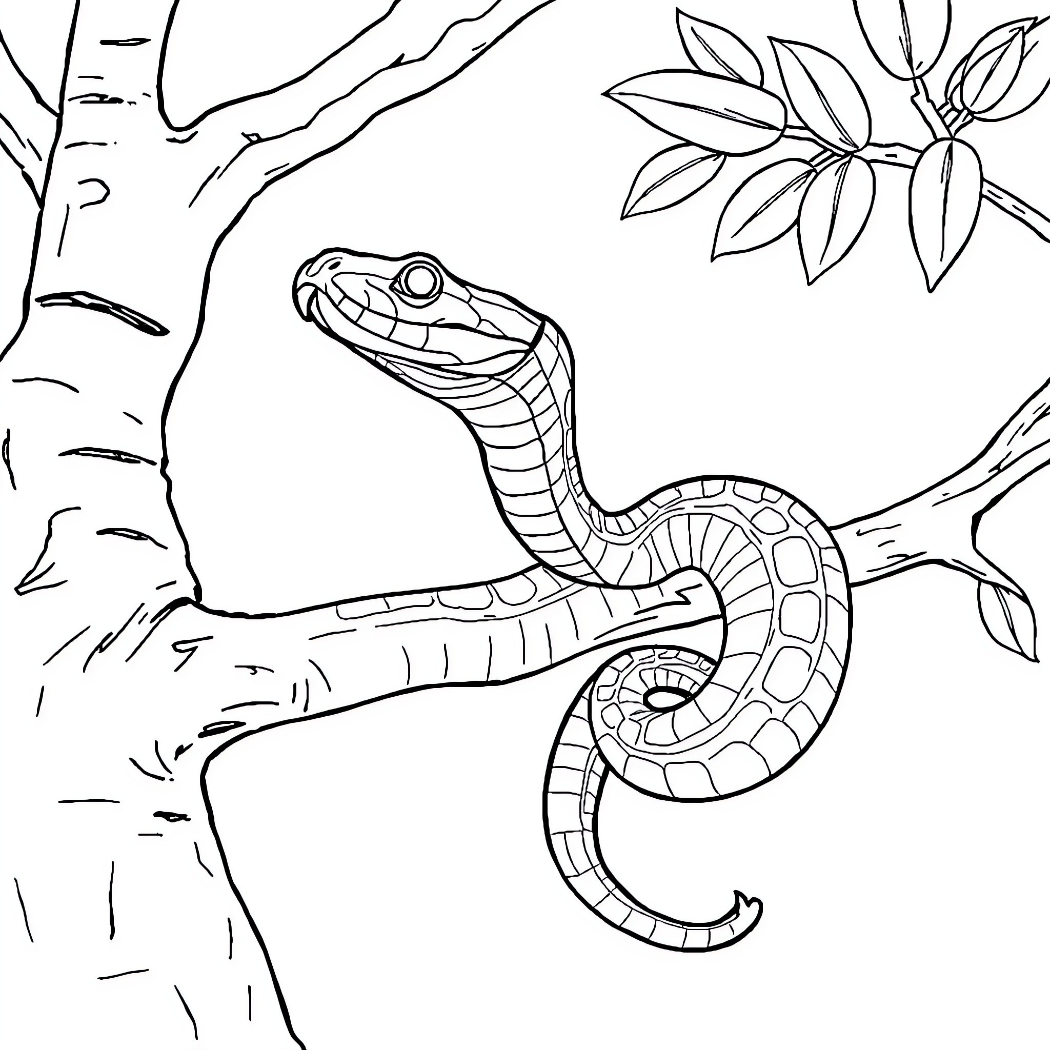 Snake resting in the tree branches Coloring Page (free black-and-white line drawing printable PDF for all, from beginners to advanced learners, including children, teens, adults, and seniors)