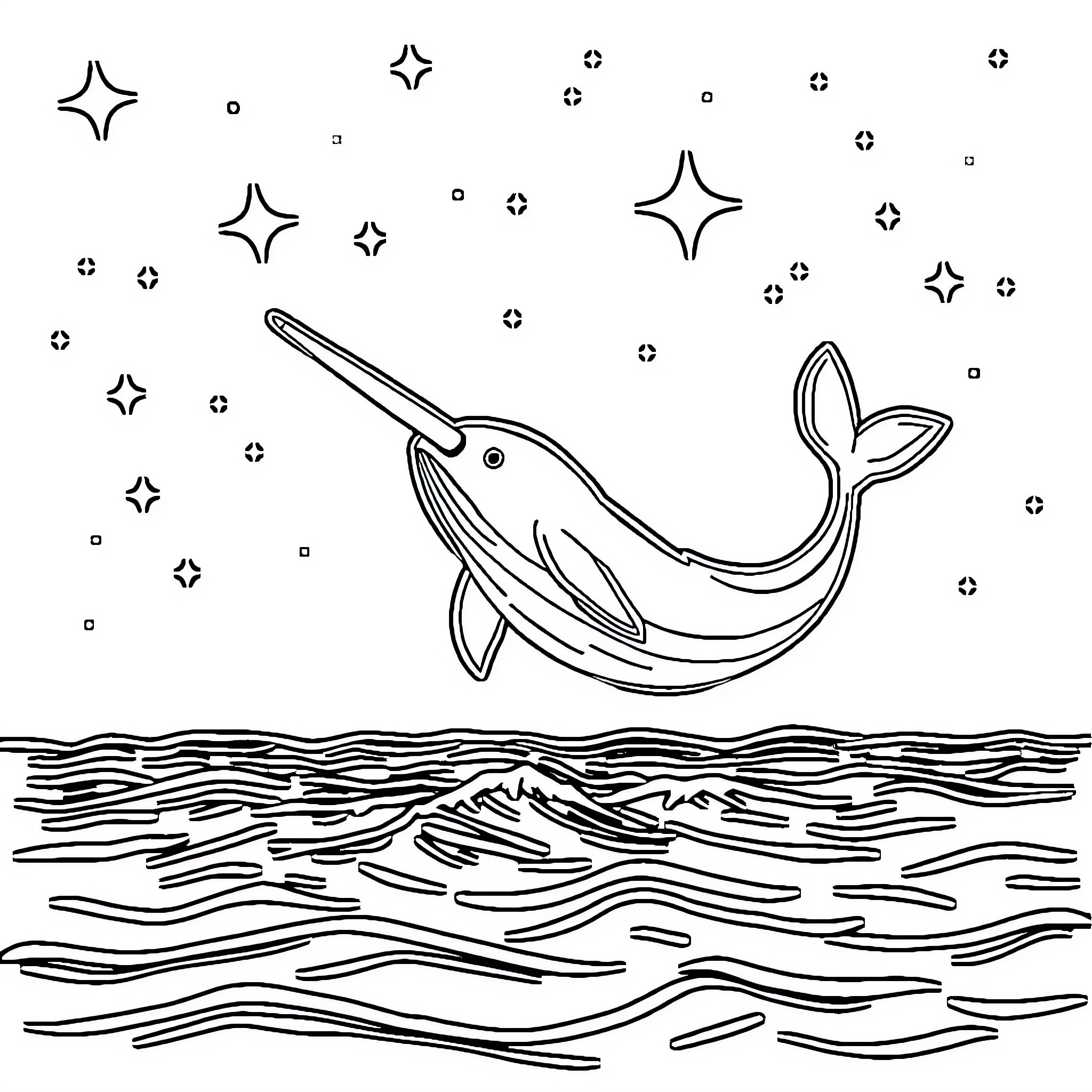 Narwal swimming amidst starry night sky Coloring Page (free black-and-white line drawing printable PDF for all, from beginners to advanced learners, including children, teens, adults, and seniors)