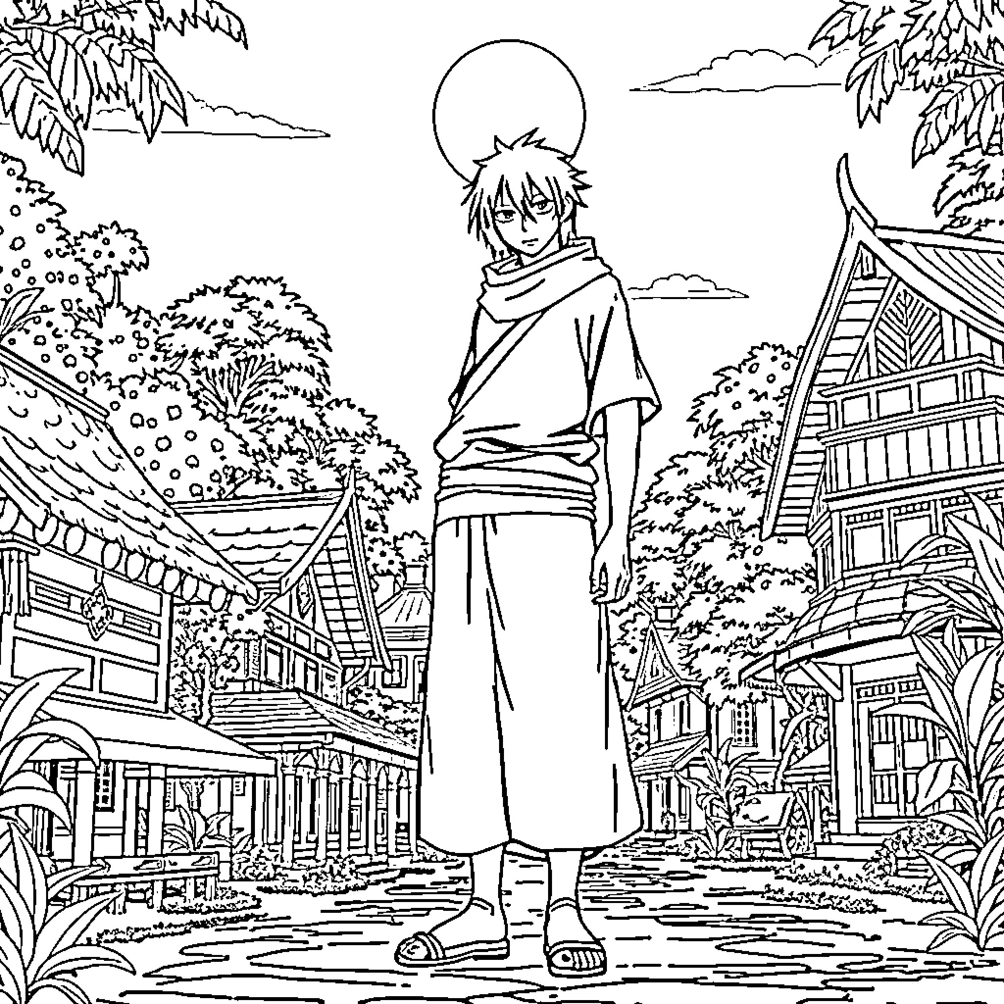 Itachi in a traditional Japanese village scene Coloring Page (free black-and-white line drawing printable PDF for all, from beginners to advanced learners, including children, teens, adults, and seniors)