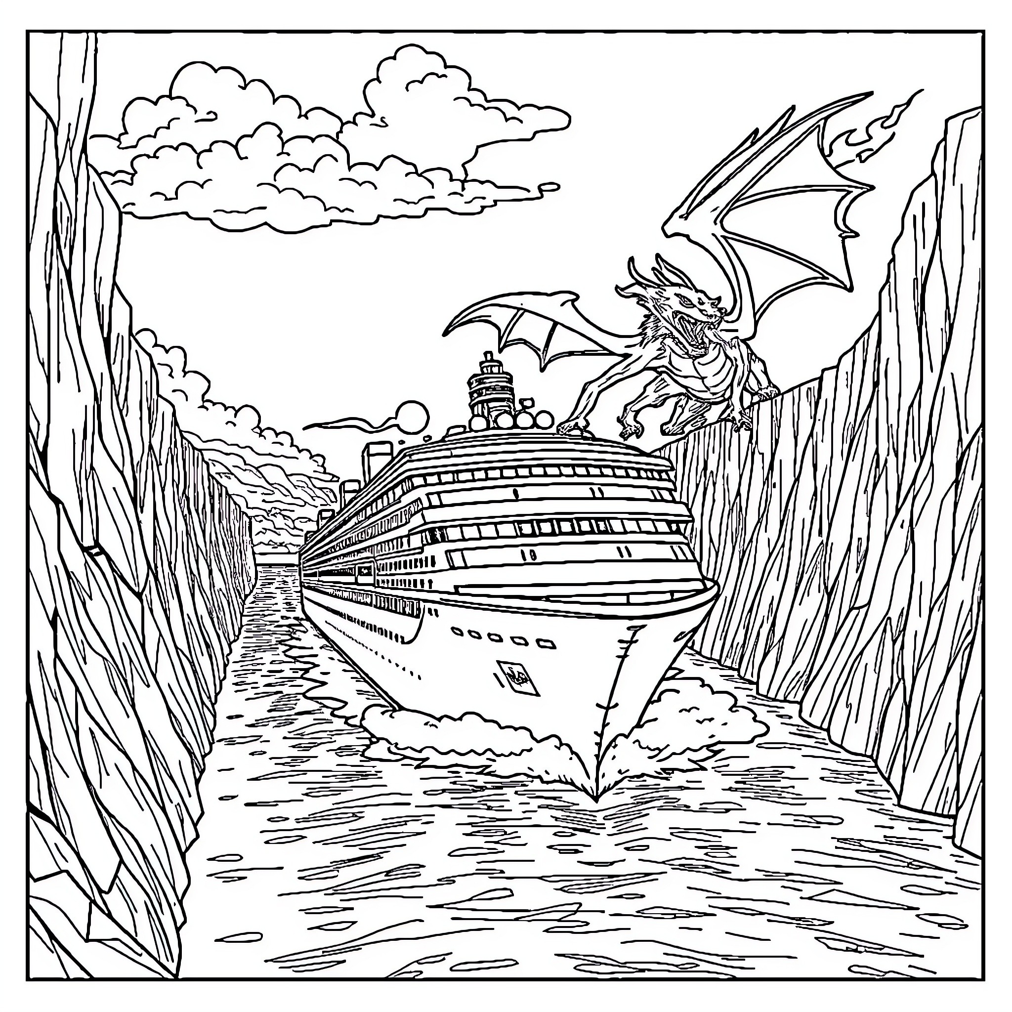 Cruise Ship with Dragon Companion Sailing Through Canyons Coloring Page (free black-and-white line drawing printable PDF for all, from beginners to advanced learners, including children, teens, adults, and seniors)