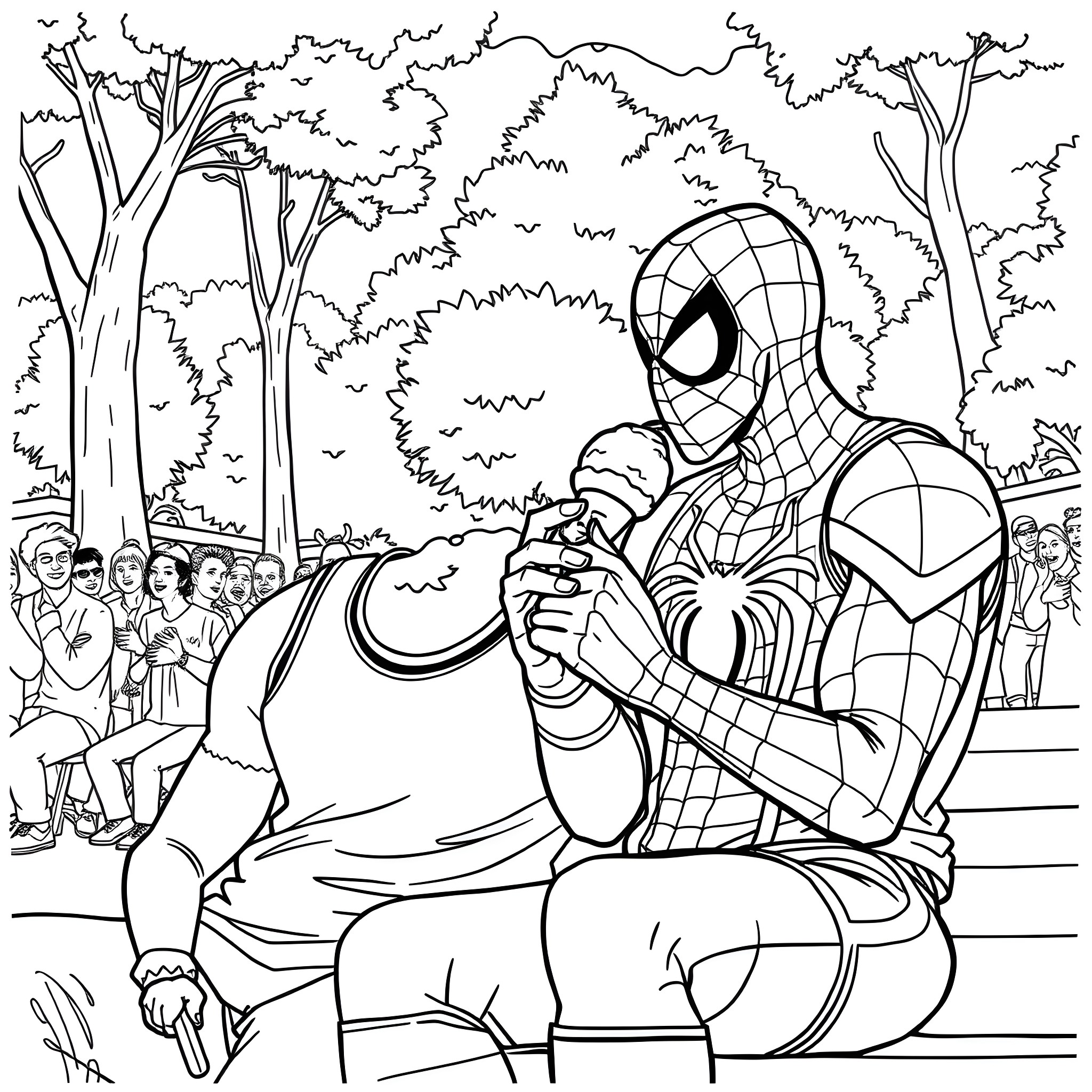 LeBron James as Spider-Man in a Serene Forest Coloring Page (free black-and-white line drawing printable PDF for all, from beginners to advanced learners, including children, teens, adults, and seniors)