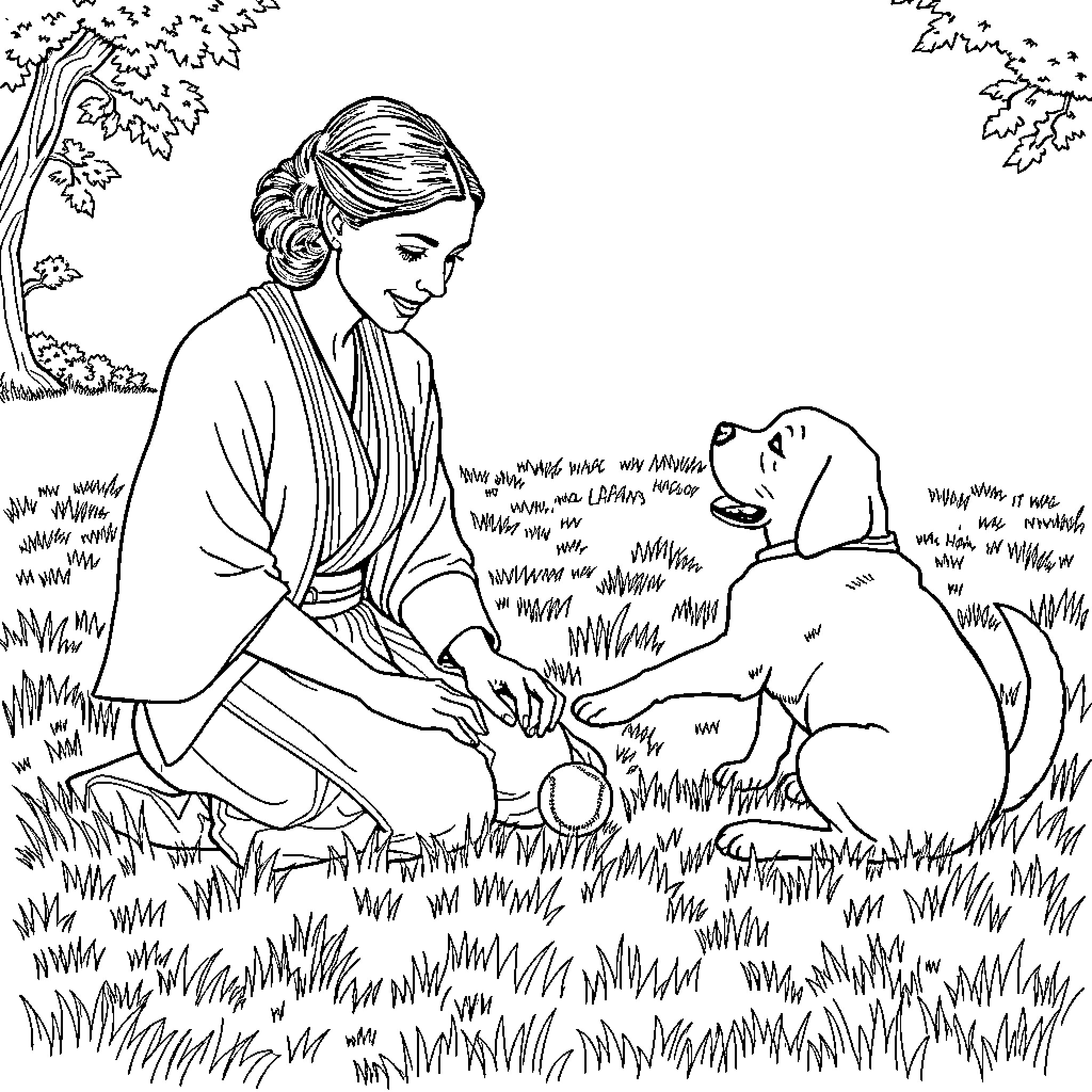 Princess Leia smiling while playing with a dog Coloring Page (free black-and-white line drawing printable PDF for all, from beginners to advanced learners, including children, teens, adults, and seniors)