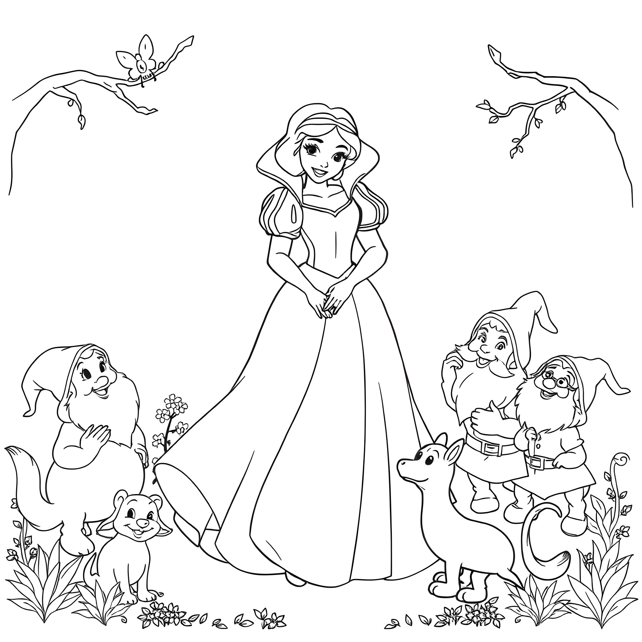 Snow White surrounded by cheerful animals in the forest Coloring Page (free black-and-white line drawing printable PDF for all, from beginners to advanced learners, including children, teens, adults, and seniors)