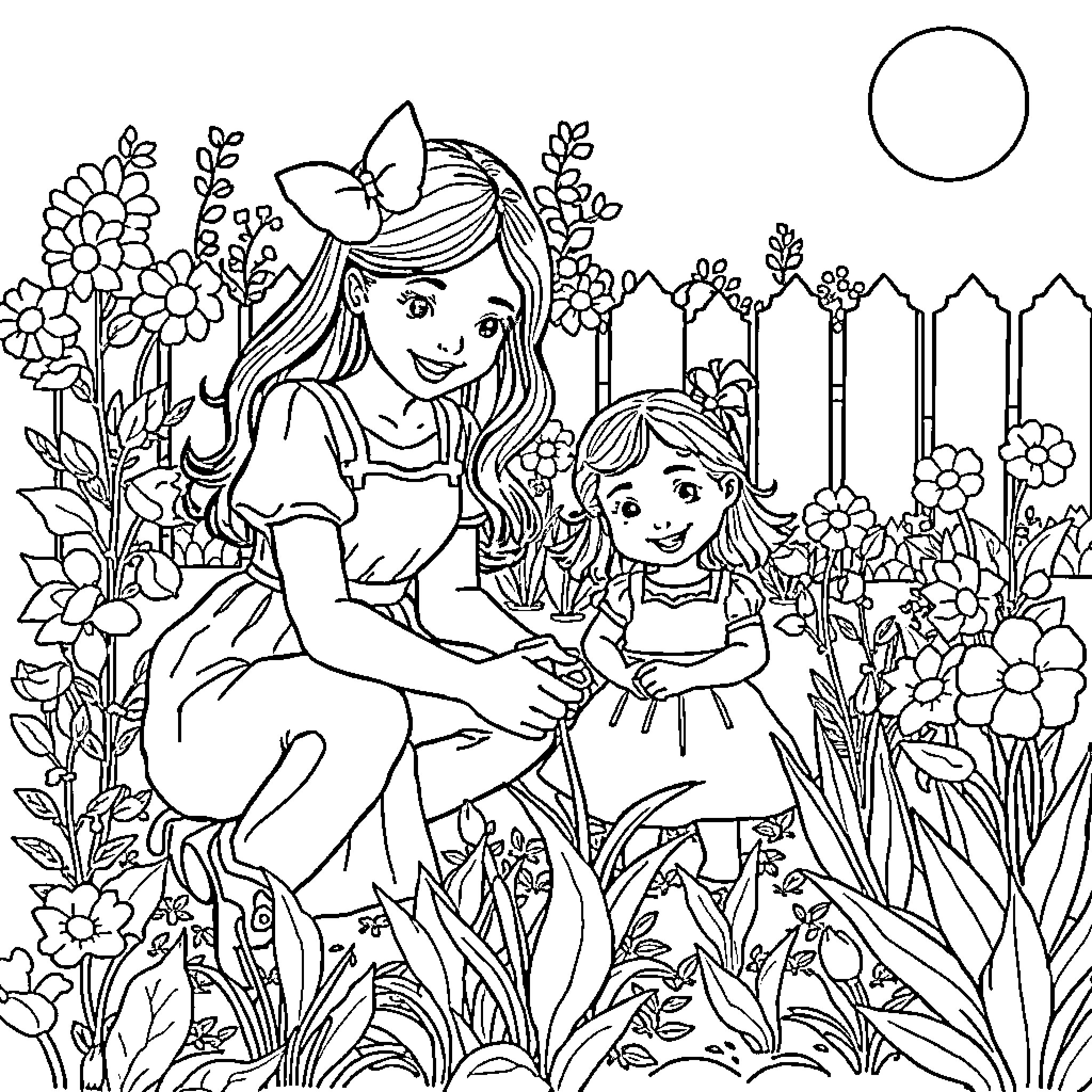 Wedding-themed family scene with floral garden Coloring Page (free black-and-white line drawing printable PDF for all, from beginners to advanced learners, including children, teens, adults, and seniors)