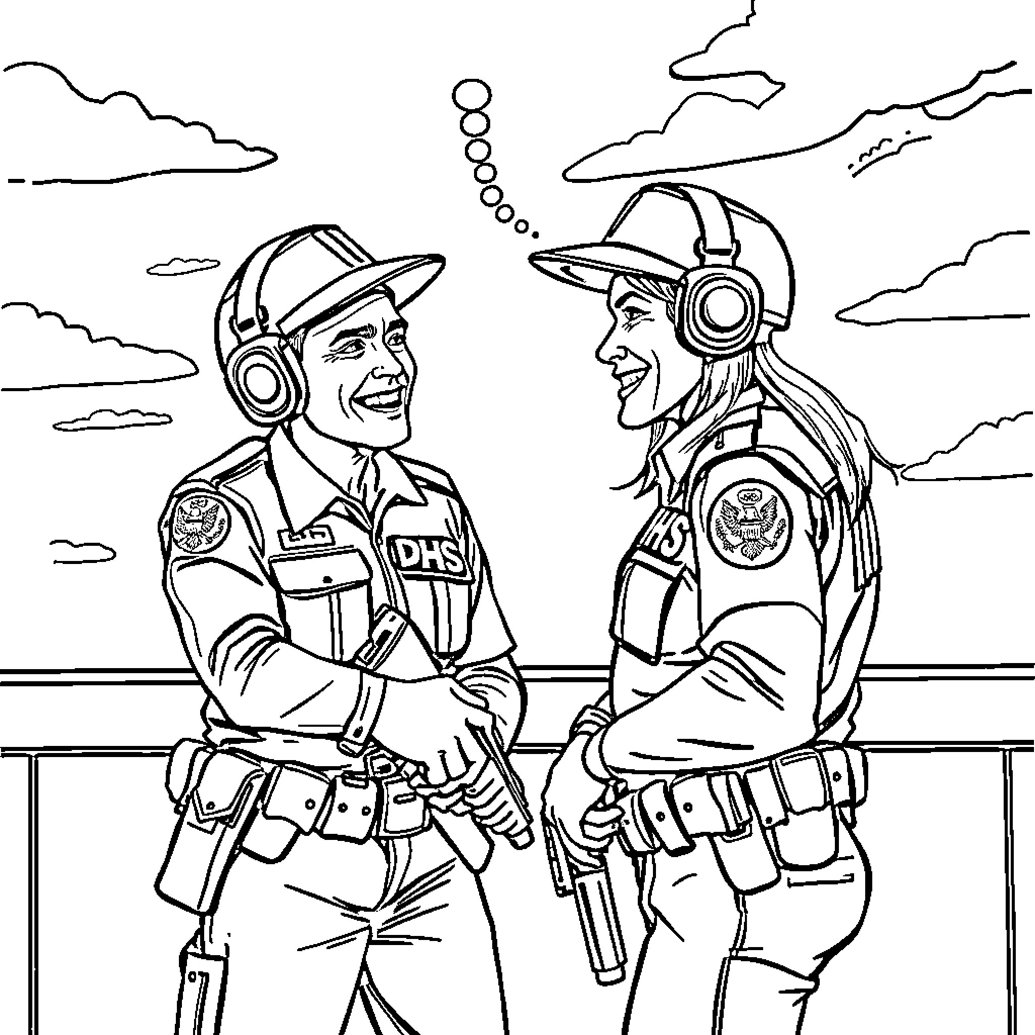 DHS Agents Collaborating on Mission Coloring Page (free black-and-white line drawing printable PDF for all, from beginners to advanced learners, including children, teens, adults, and seniors)
