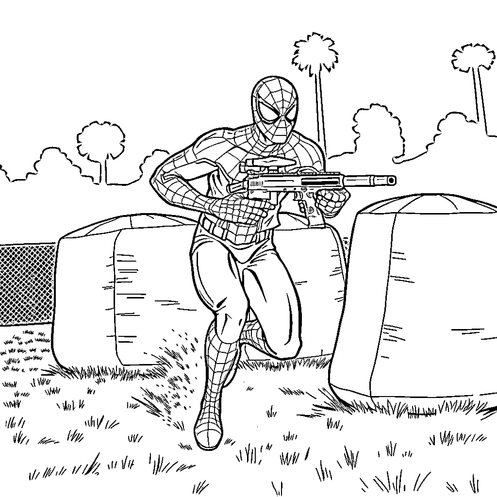 Spiderman swinging through the city with his web-shooters Coloring Page (free black-and-white line drawing printable PDF for all, from beginners to advanced learners, including children, teens, adults, and seniors)