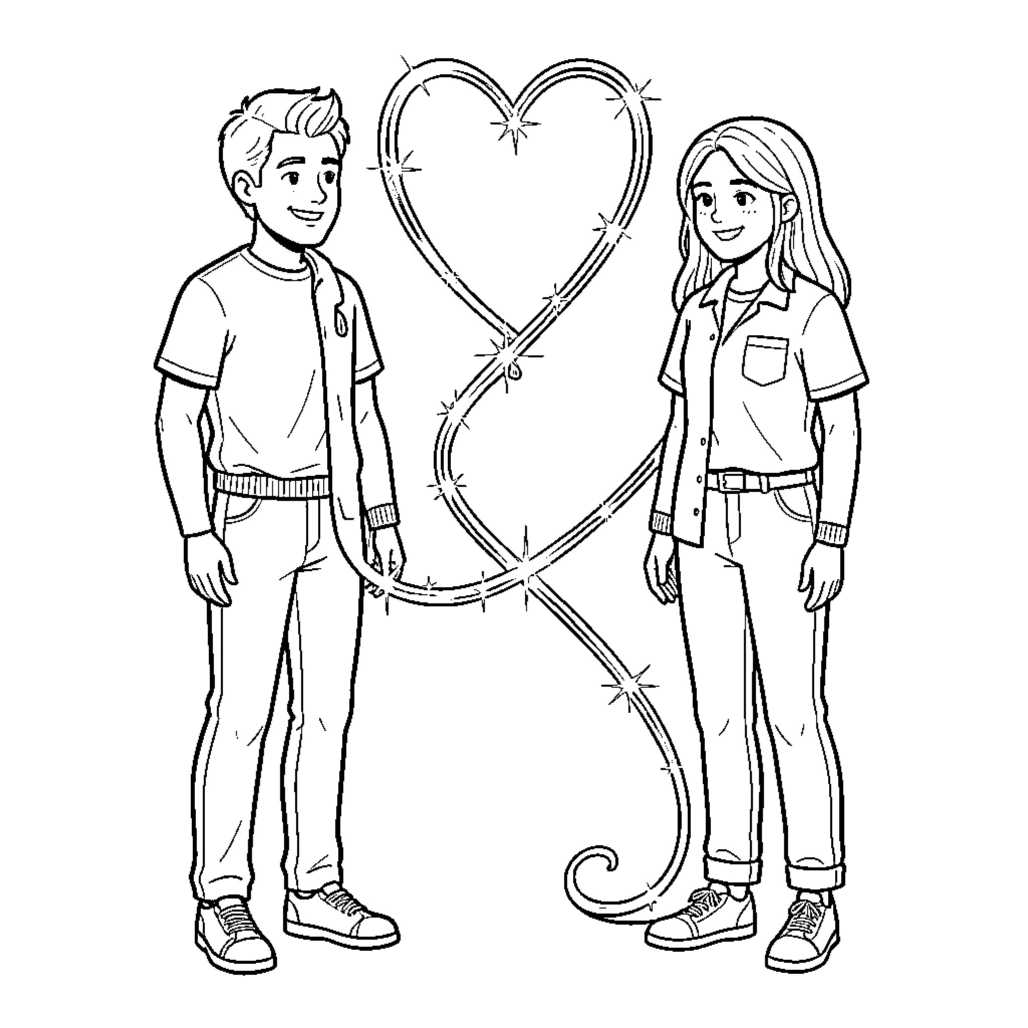Heart-shaped love between friendly teens Coloring Page (free black-and-white line drawing printable PDF for all, from beginners to advanced learners, including children, teens, adults, and seniors)