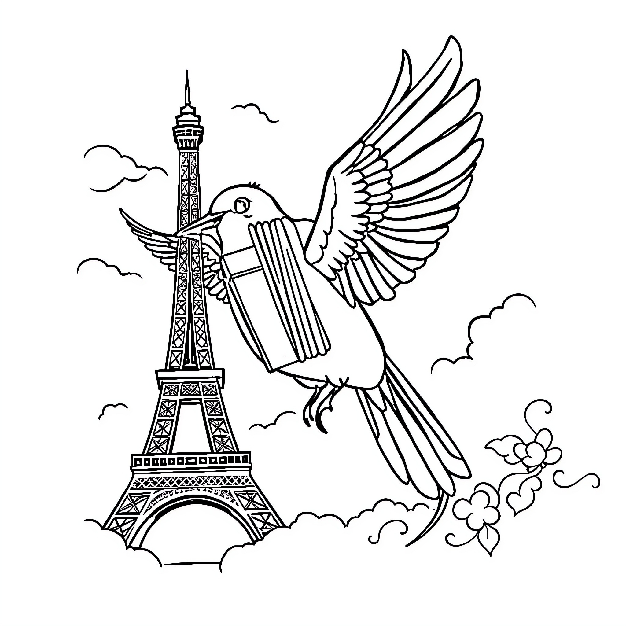 Bird soaring over Eiffel Tower in Paris Coloring Page (free black-and-white line drawing printable PDF for all, from beginners to advanced learners, including children, teens, adults, and seniors)