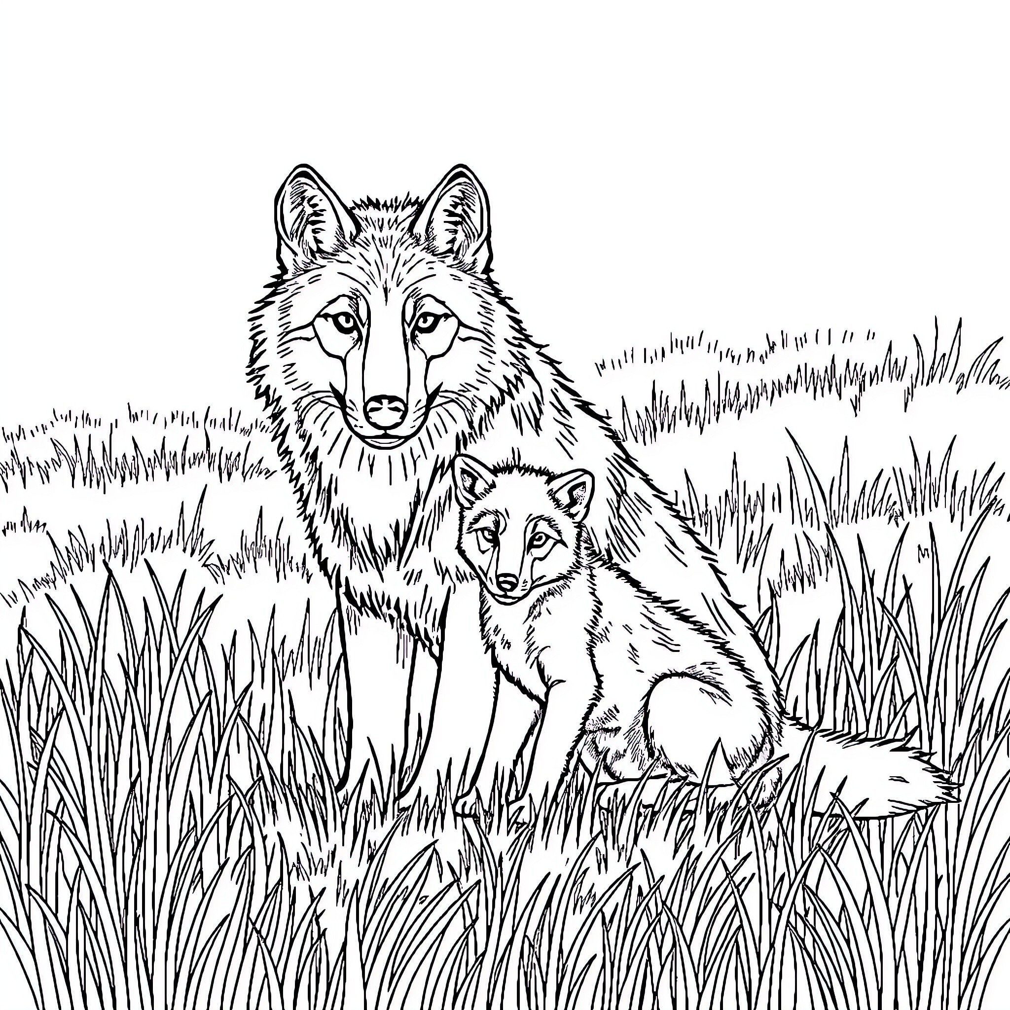 Wolf pair in a grassy field Coloring Page (free black-and-white line drawing printable PDF for all, from beginners to advanced learners, including children, teens, adults, and seniors)