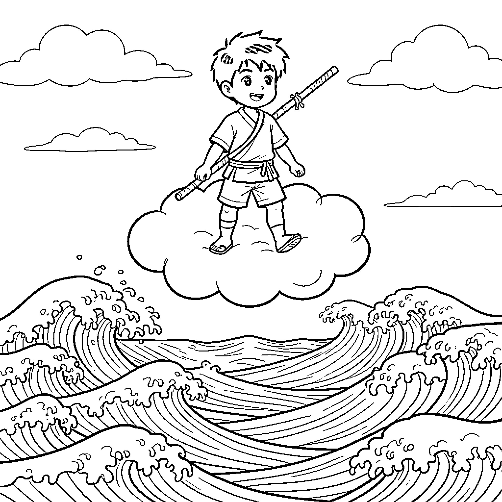 Sangoku standing on a cloud above ocean waves Coloring Page (free black-and-white line drawing printable PDF for all, from beginners to advanced learners, including children, teens, adults, and seniors)