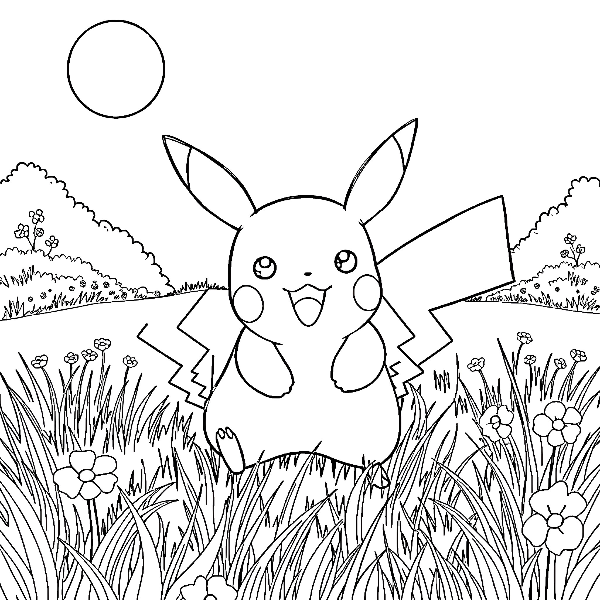 Pikachu exploring the flowery meadow Coloring Page (free black-and-white line drawing printable PDF for all, from beginners to advanced learners, including children, teens, adults, and seniors)