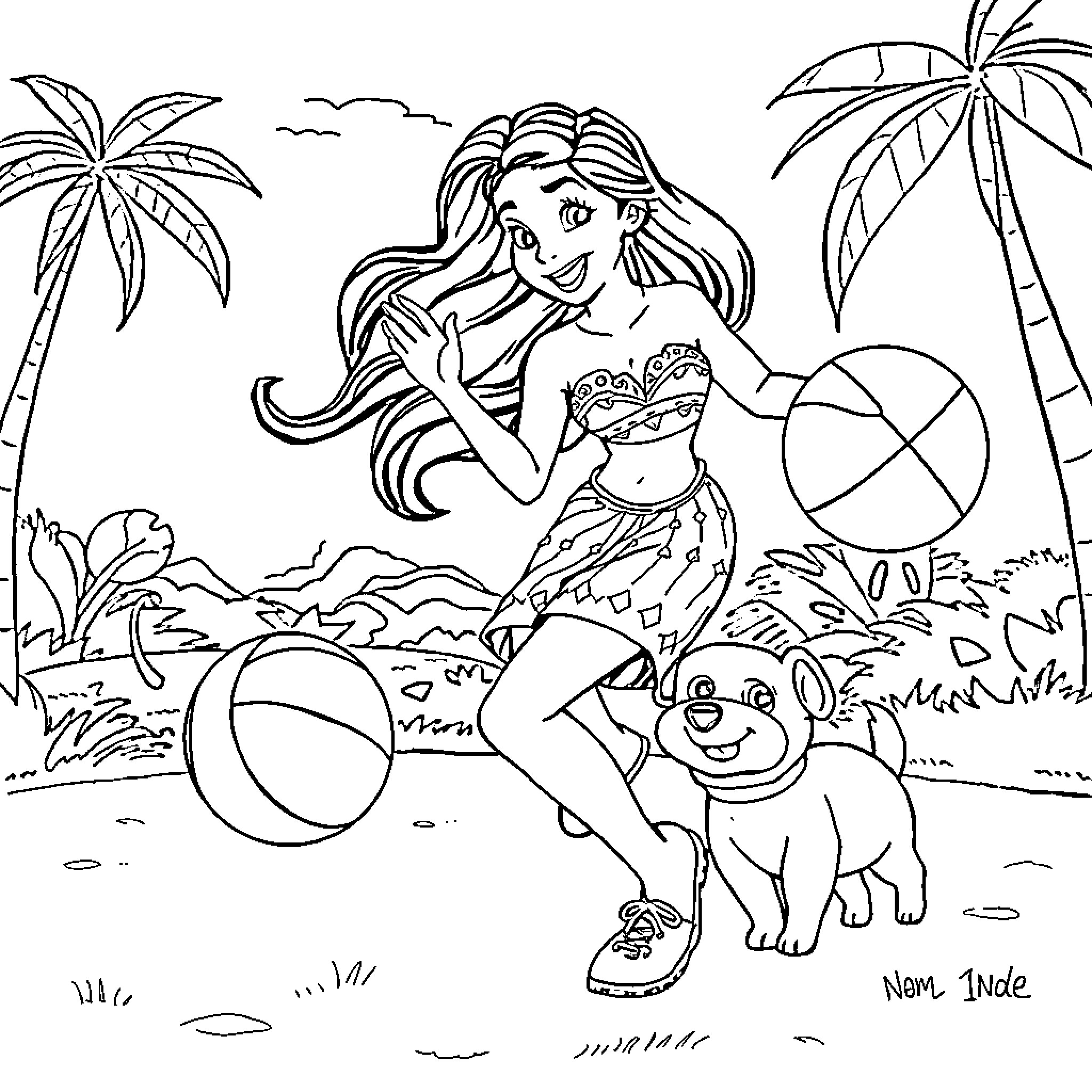 Vaiana enjoying a beach day with her pet Coloring Page (free black-and-white line drawing printable PDF for all, from beginners to advanced learners, including children, teens, adults, and seniors)