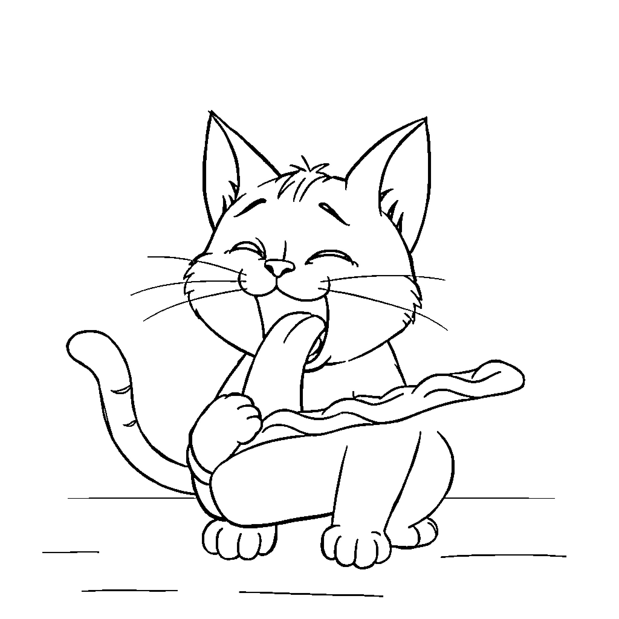 Cat contentedly lounging on the ground Coloring Page (free black-and-white line drawing printable PDF for all, from beginners to advanced learners, including children, teens, adults, and seniors)