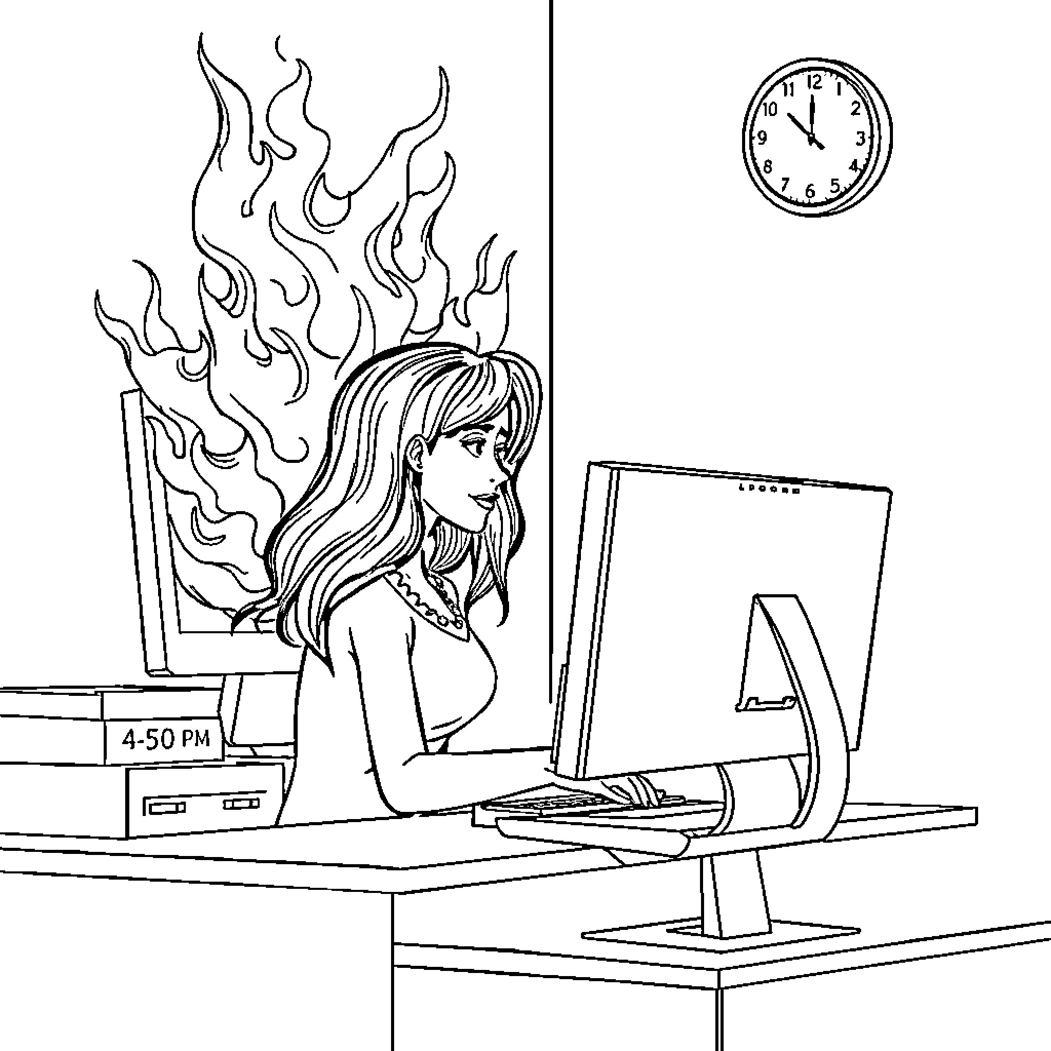 Lady Working Diligently with Flames of Inspiration Coloring Page (free black-and-white line drawing printable PDF for all, from beginners to advanced learners, including children, teens, adults, and seniors)