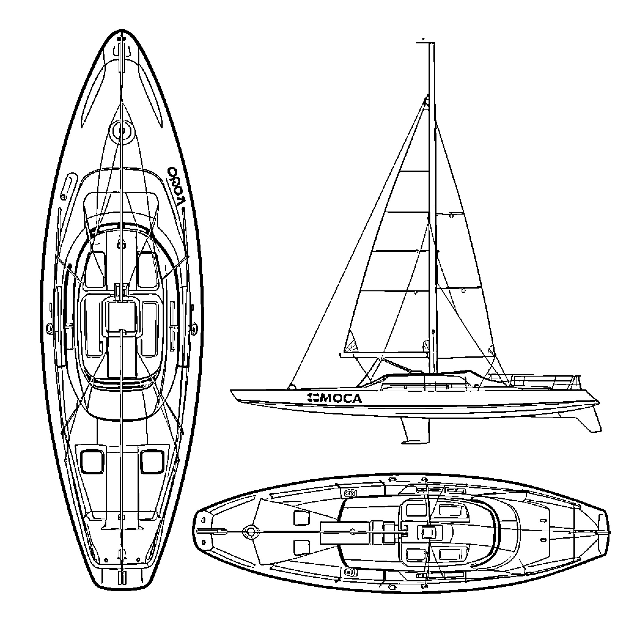 IMOCAS technical drawings of a sailboat from multiple views Coloring Page (free black-and-white line drawing printable PDF for all, from beginners to advanced learners, including children, teens, adults, and seniors)