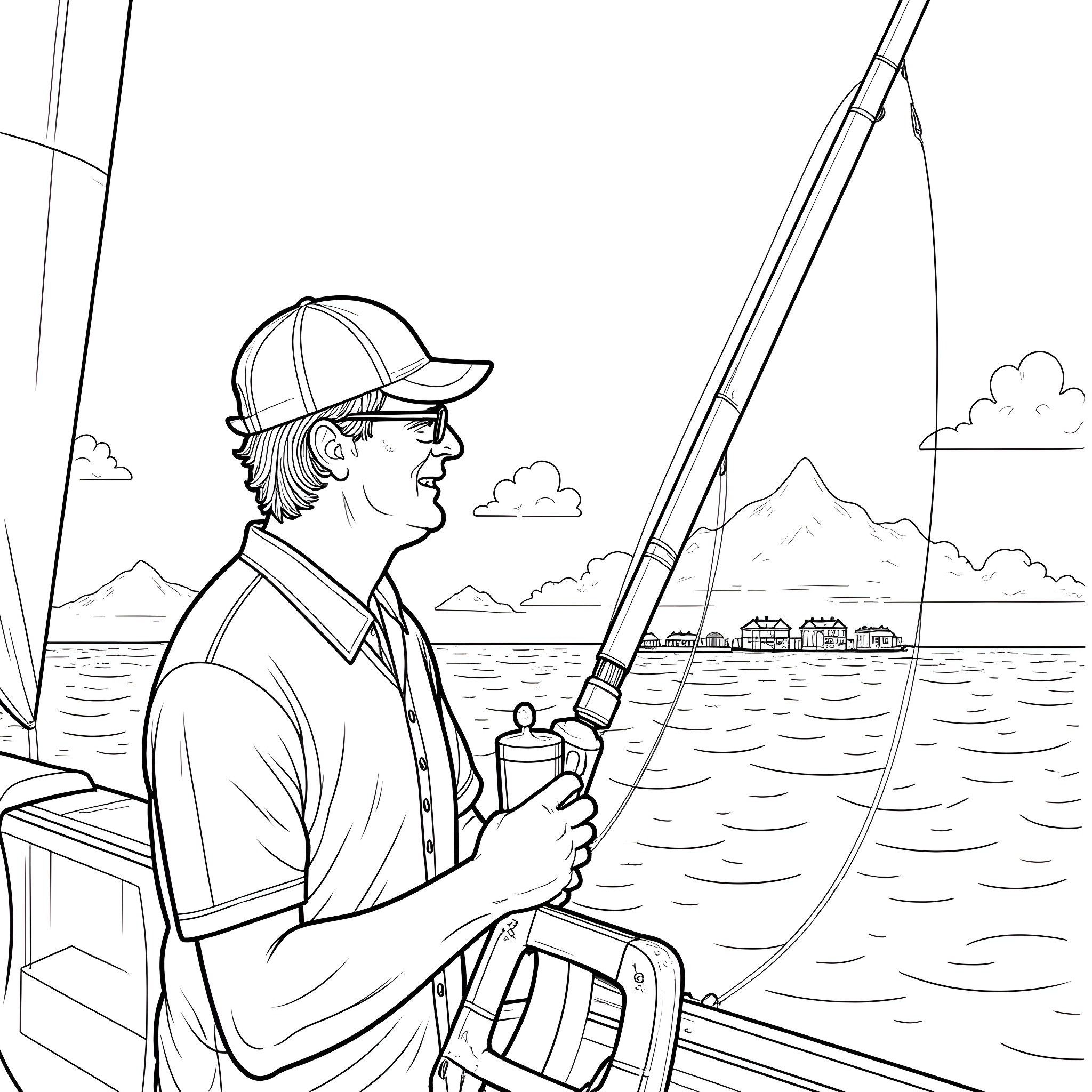 Sailboat skipper navigating the open waters Coloring Page (free black-and-white line drawing printable PDF for all, from beginners to advanced learners, including children, teens, adults, and seniors)