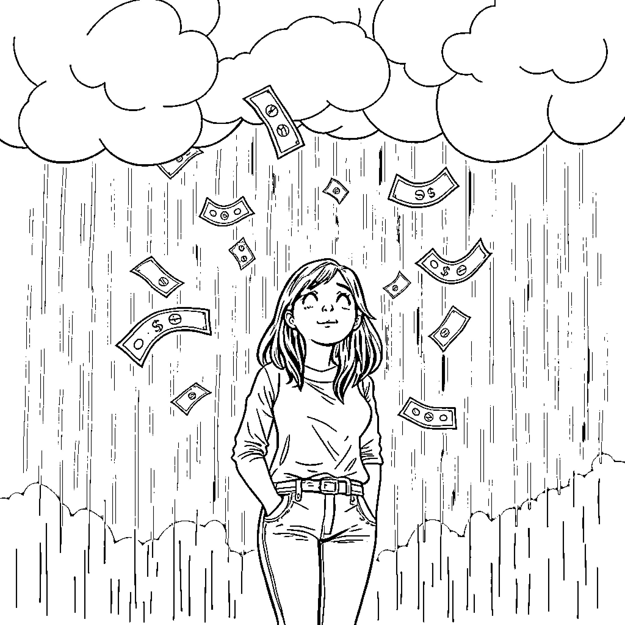 Woman standing in the rain of money Coloring Page (free black-and-white line drawing printable PDF for all, from beginners to advanced learners, including children, teens, adults, and seniors)