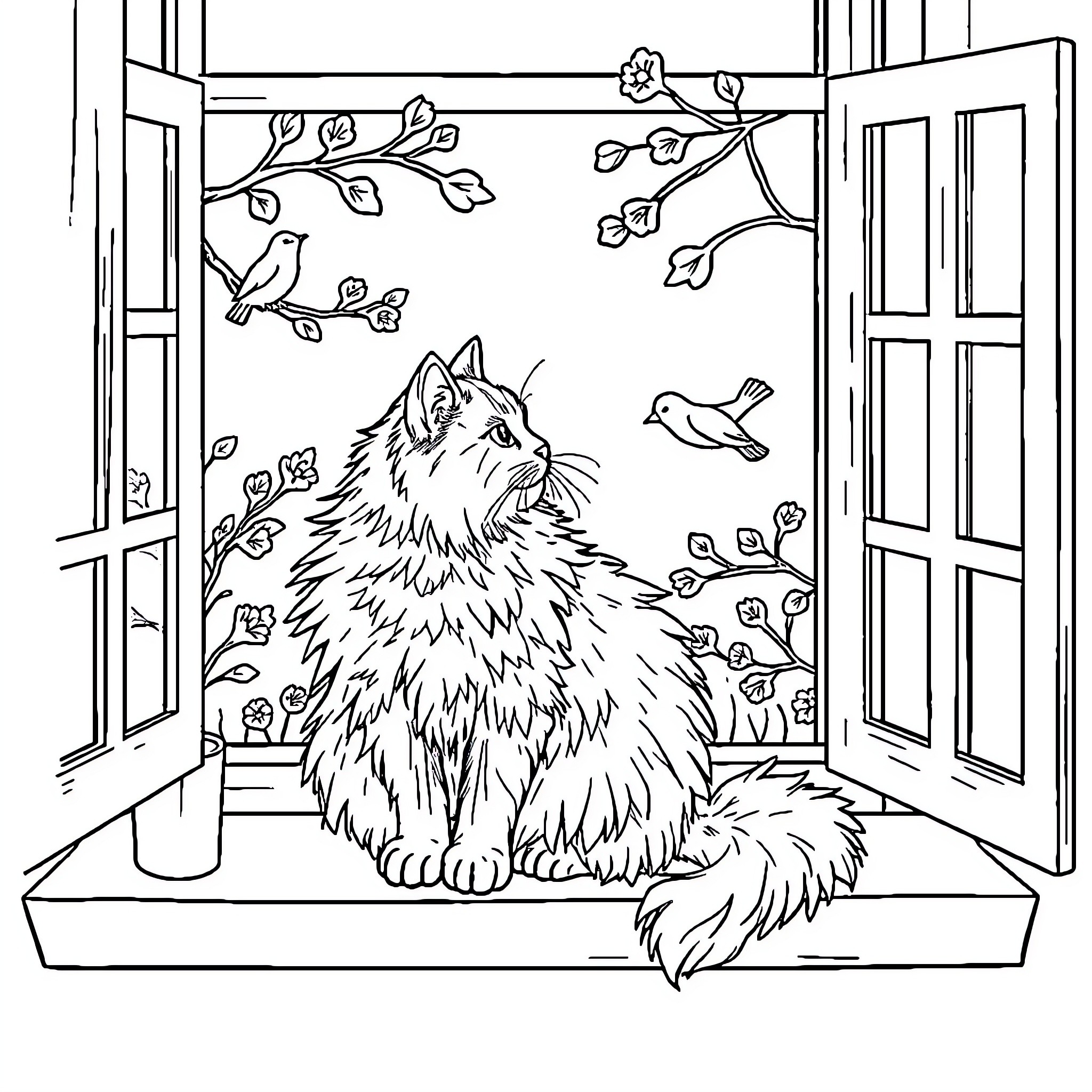 Cat watching birds through open window Coloring Page (free black-and-white line drawing printable PDF for all, from beginners to advanced learners, including children, teens, adults, and seniors)
