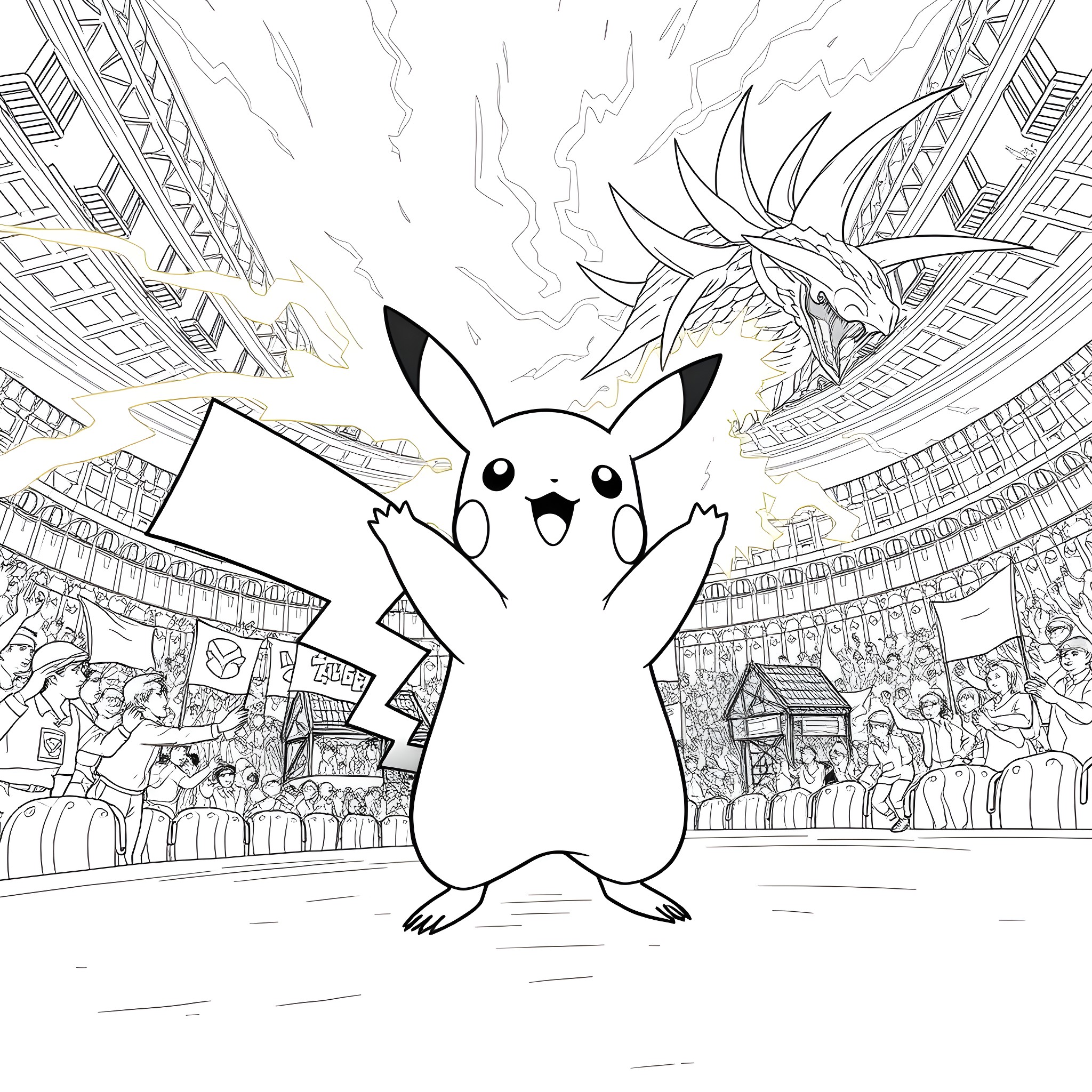 Pikachu Performing at a Crowded Event Coloring Page (free black-and-white line drawing printable PDF for all, from beginners to advanced learners, including children, teens, adults, and seniors)
