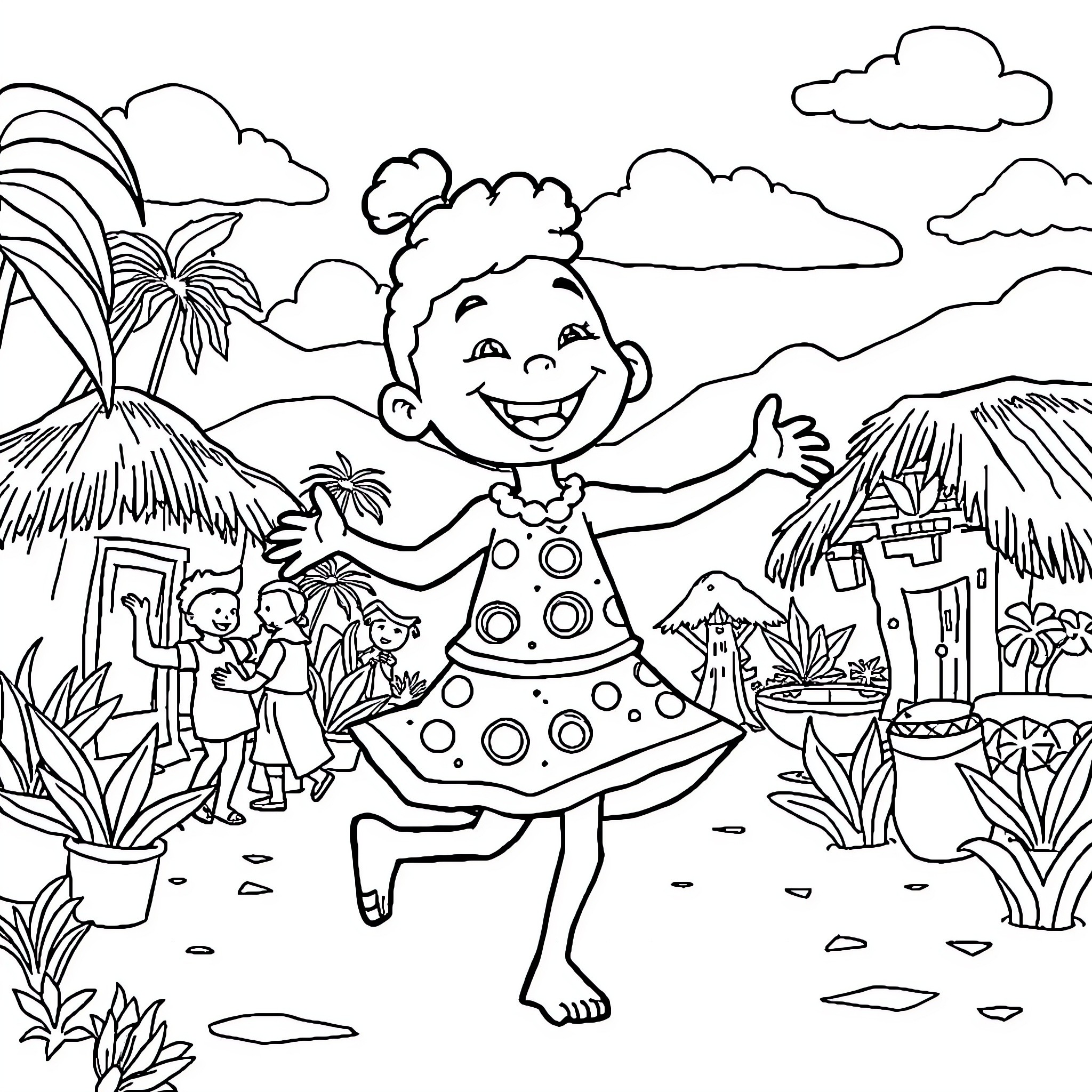 Labubu's Joyful Dance in the Tropical Village Coloring Page (free black-and-white line drawing printable PDF for all, from beginners to advanced learners, including children, teens, adults, and seniors)