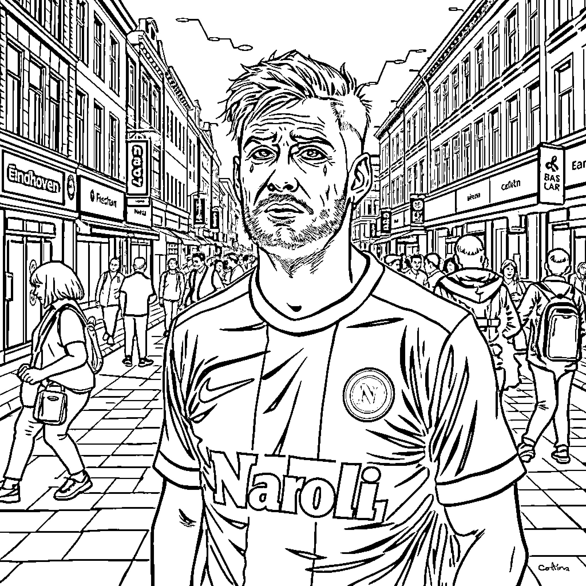 Neapolitan Street Scene with Prominent Figure Coloring Page (free black-and-white line drawing printable PDF for all, from beginners to advanced learners, including children, teens, adults, and seniors)