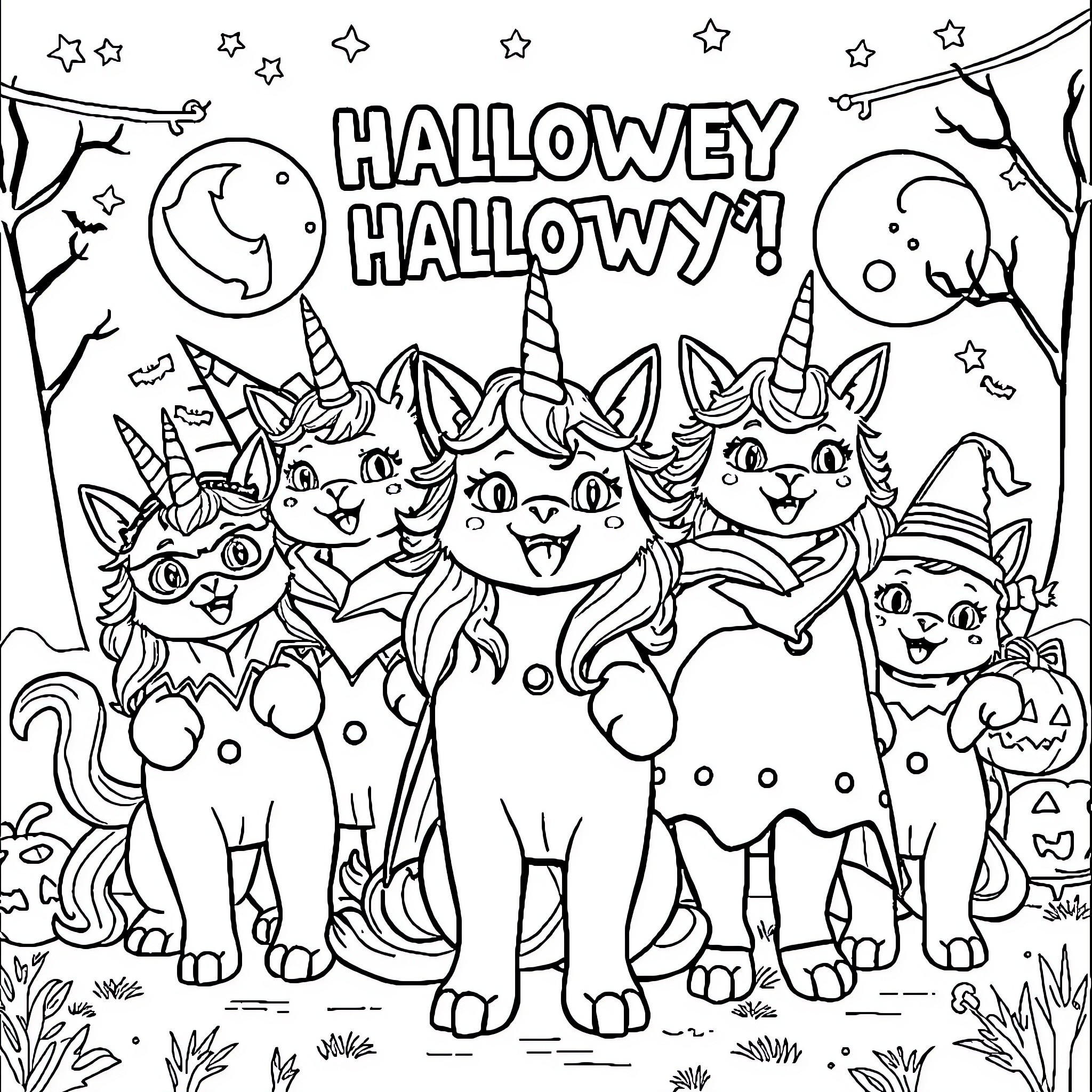 Unicorn Cats celebrate Halloweeny Coloring Page (free black-and-white line drawing printable PDF for all, from beginners to advanced learners, including children, teens, adults, and seniors)