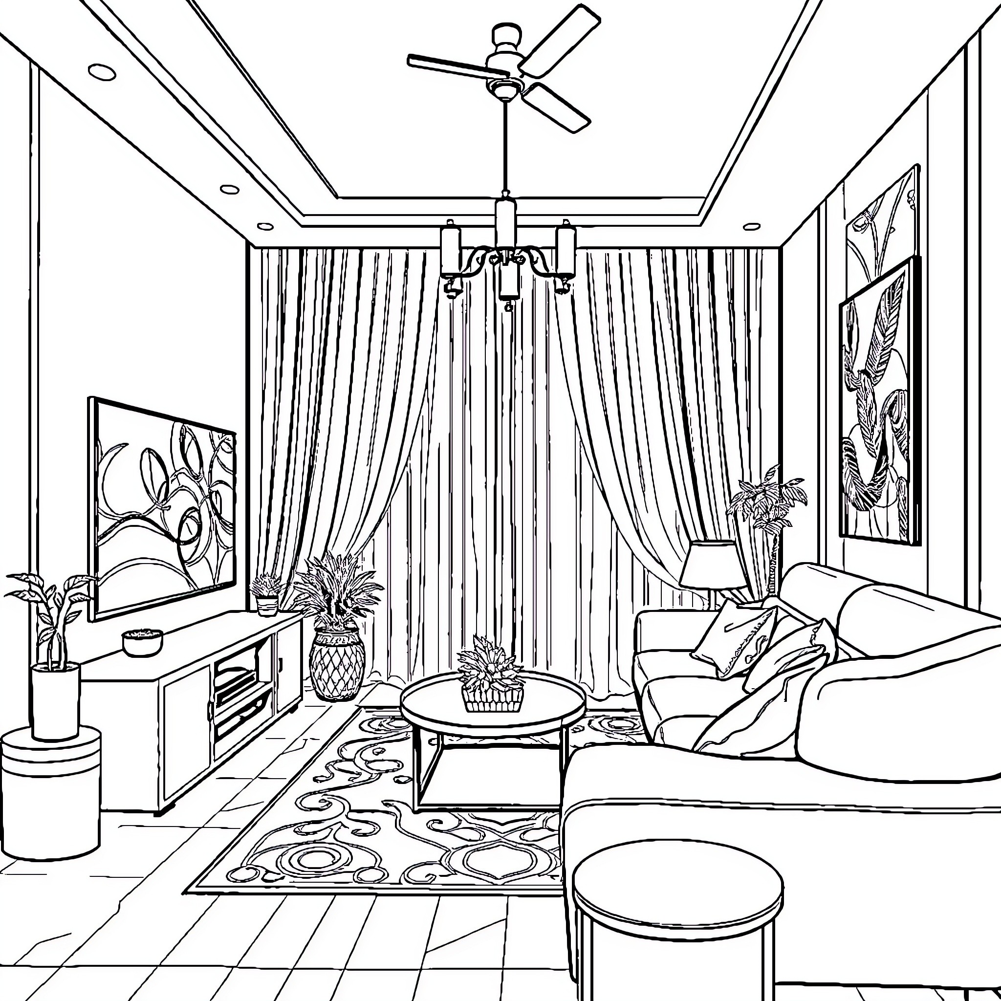 TV Lounge with Cozy Decor and Furniture Coloring Page (free black-and-white line drawing printable PDF for all, from beginners to advanced learners, including children, teens, adults, and seniors)
