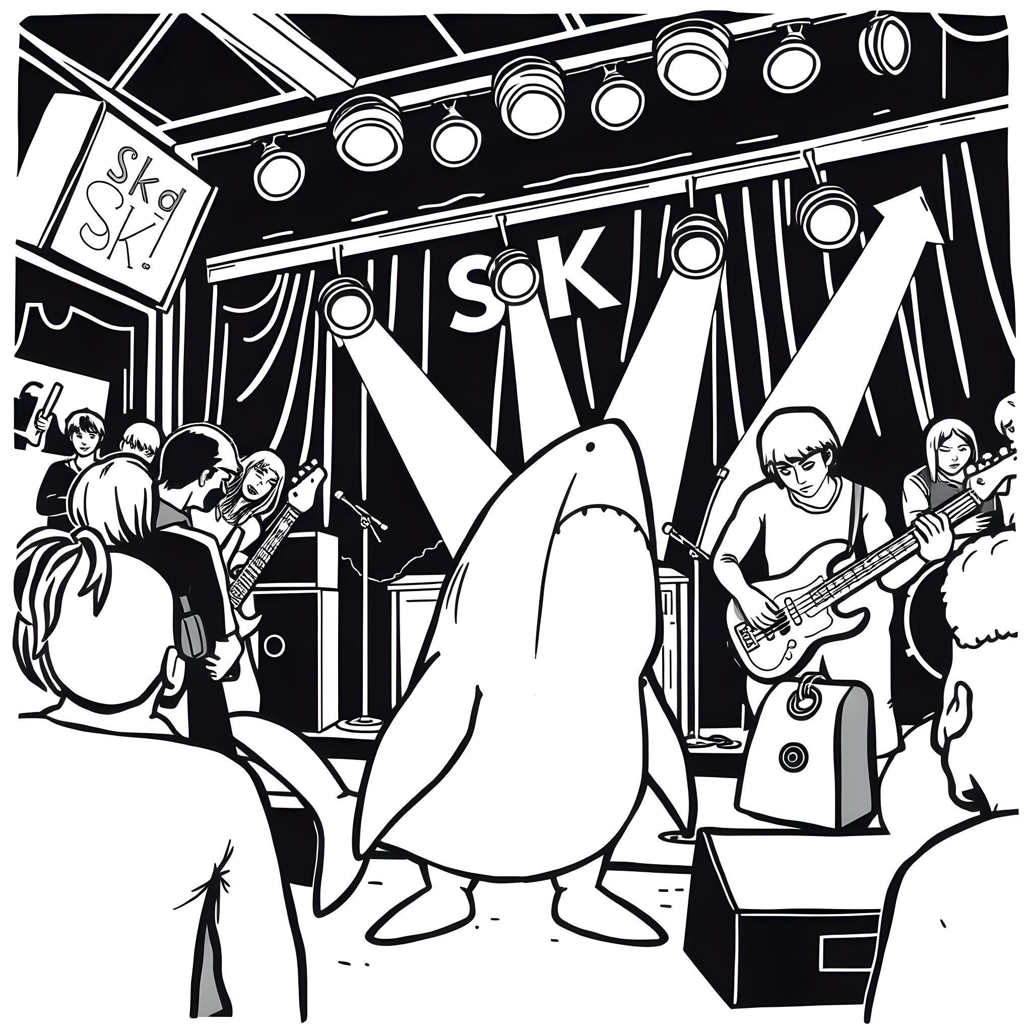 Shark performing on stage with band Coloring Page (free black-and-white line drawing printable PDF for all, from beginners to advanced learners, including children, teens, adults, and seniors)