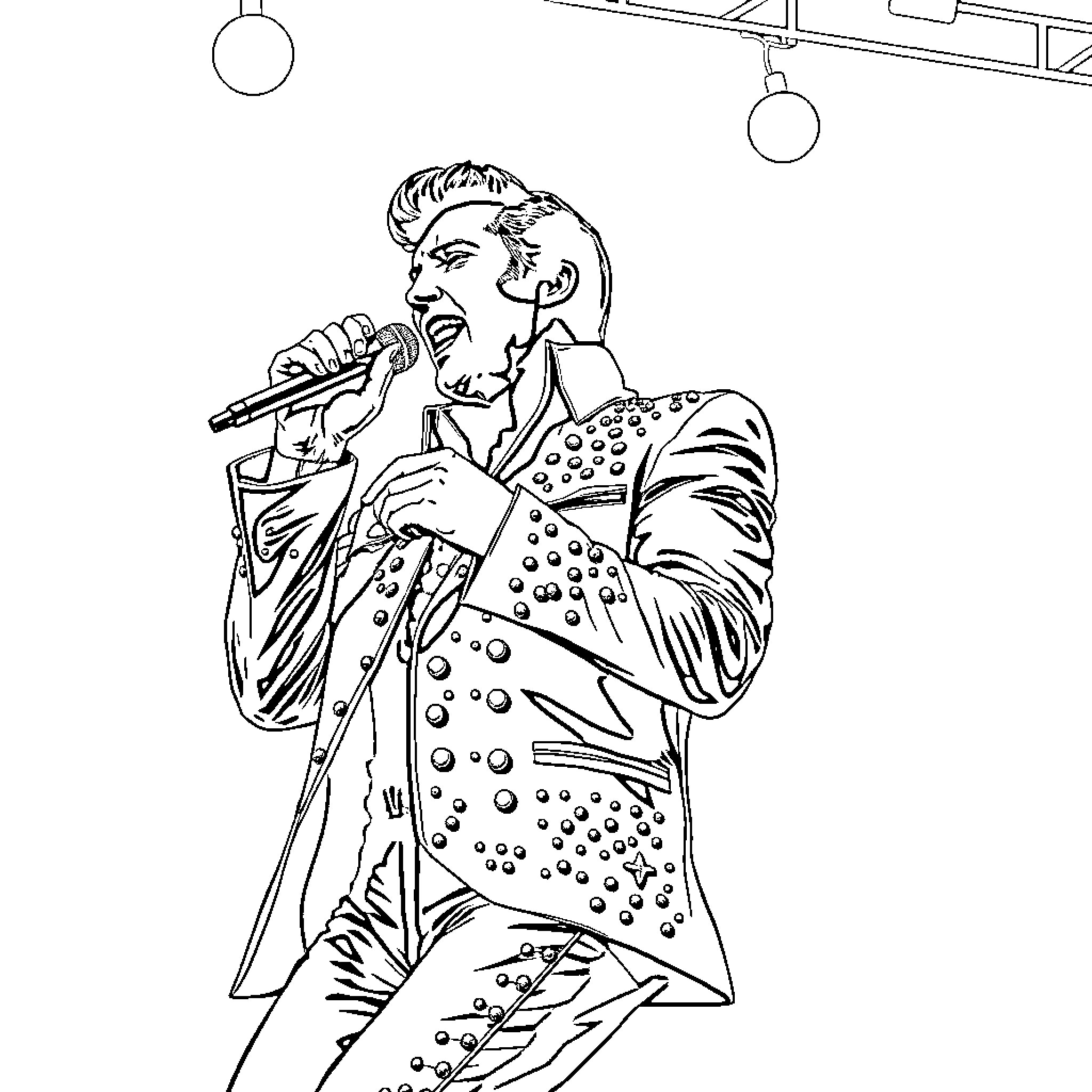 Elvis Presley performing on stage with a microphone Coloring Page (free black-and-white line drawing printable PDF for all, from beginners to advanced learners, including children, teens, adults, and seniors)