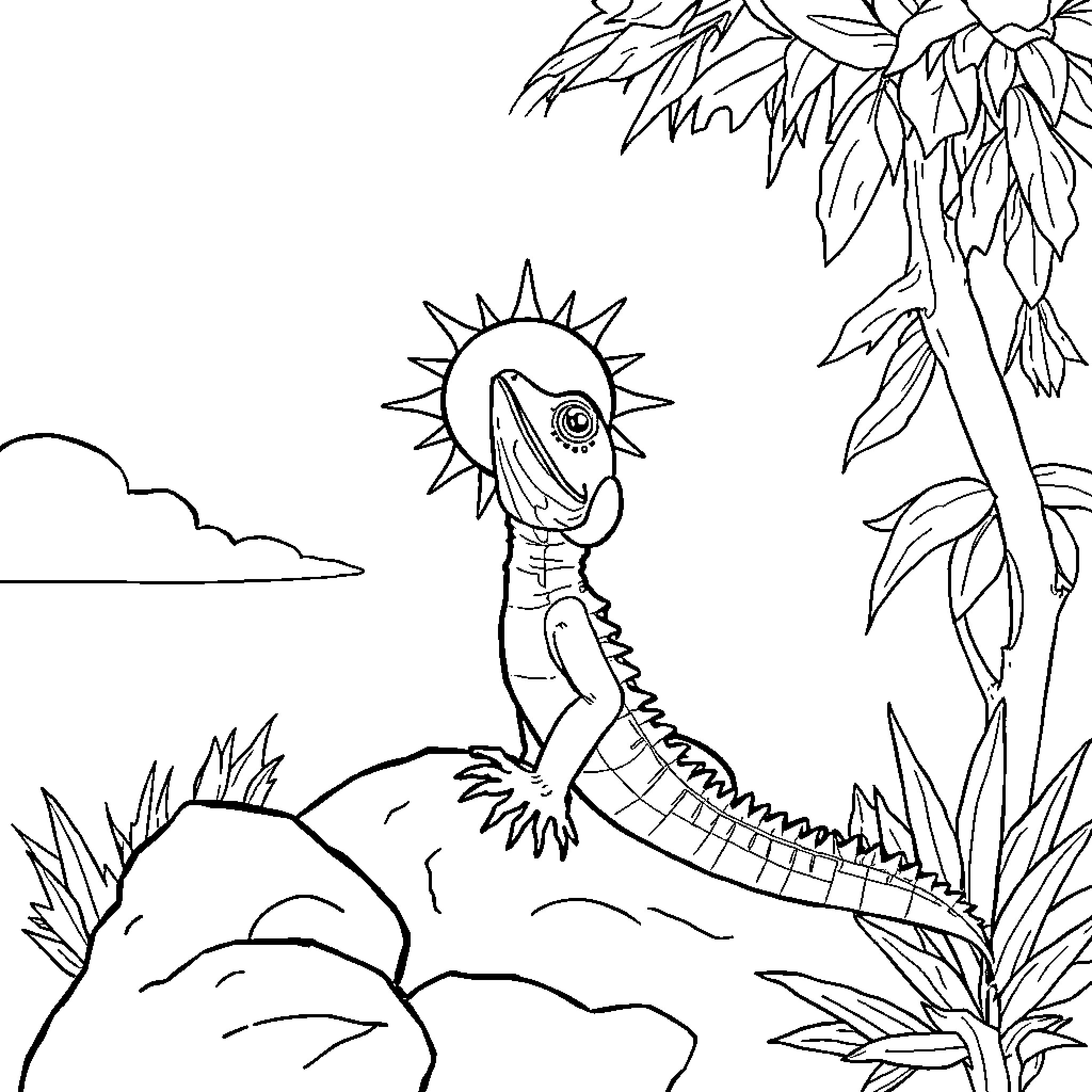 Lizard basking in the sun under tropical foliage Coloring Page (free black-and-white line drawing printable PDF for all, from beginners to advanced learners, including children, teens, adults, and seniors)
