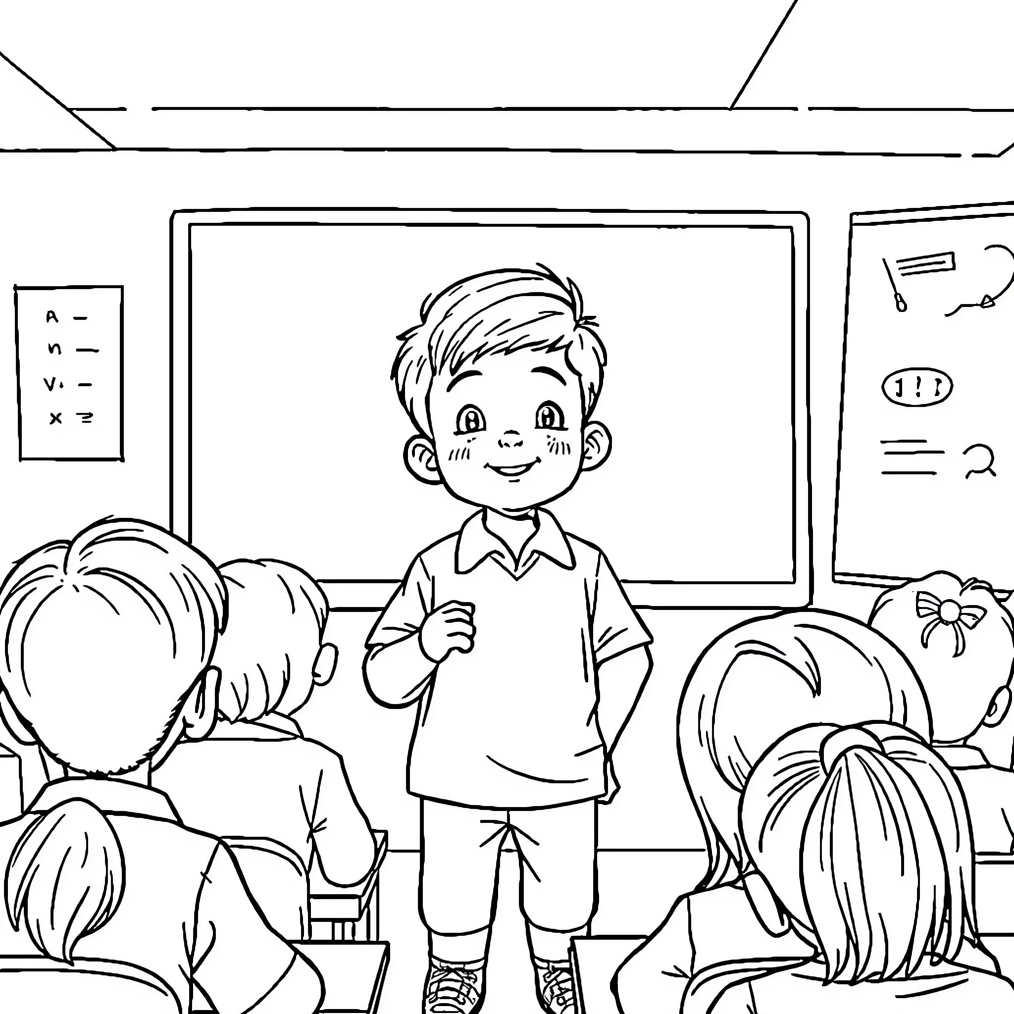Boy giving presentation in classroom with students Coloring Page (free black-and-white line drawing printable PDF for all, from beginners to advanced learners, including children, teens, adults, and seniors)