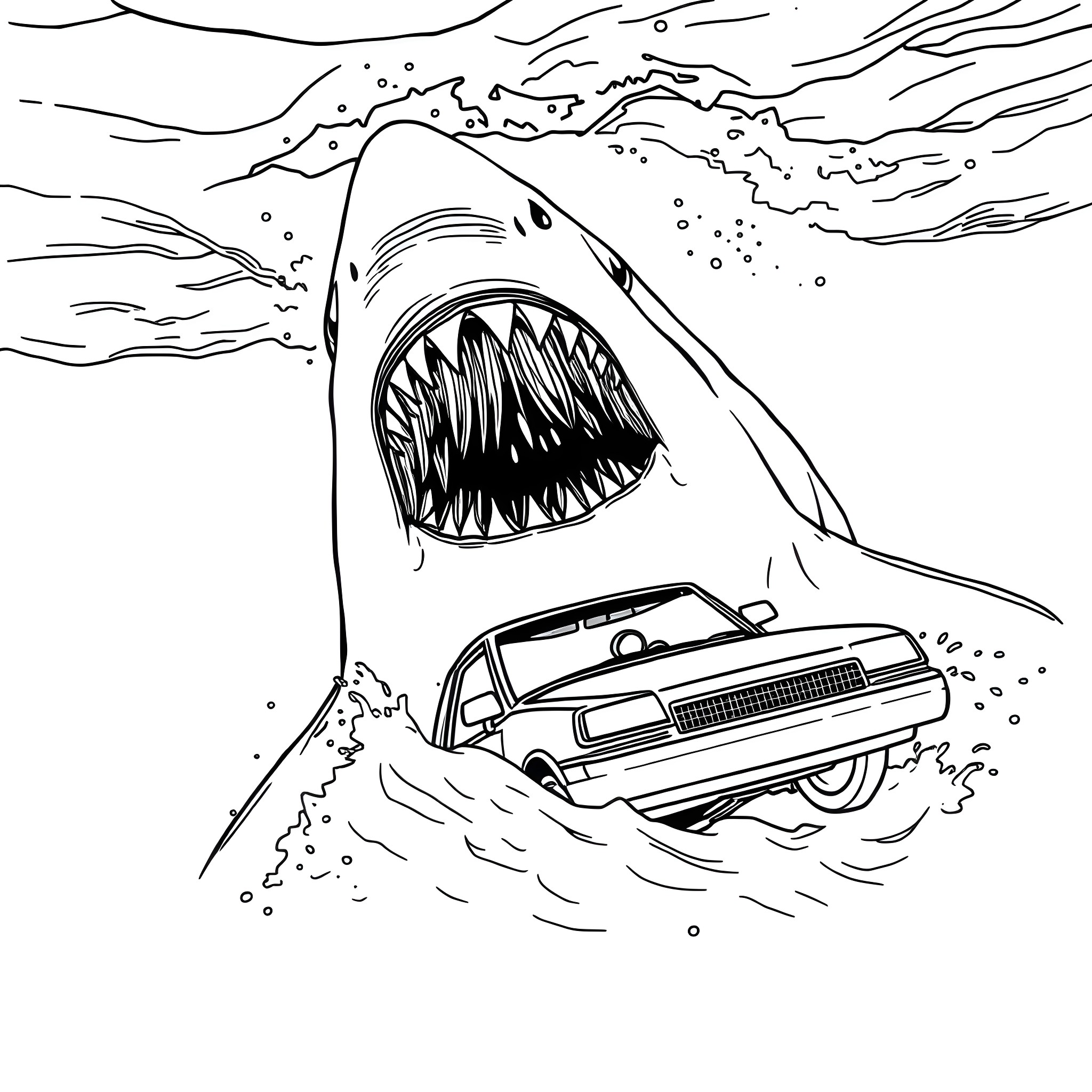 Great White Shark attacking a car in the water Coloring Page (free black-and-white line drawing printable PDF for all, from beginners to advanced learners, including children, teens, adults, and seniors)