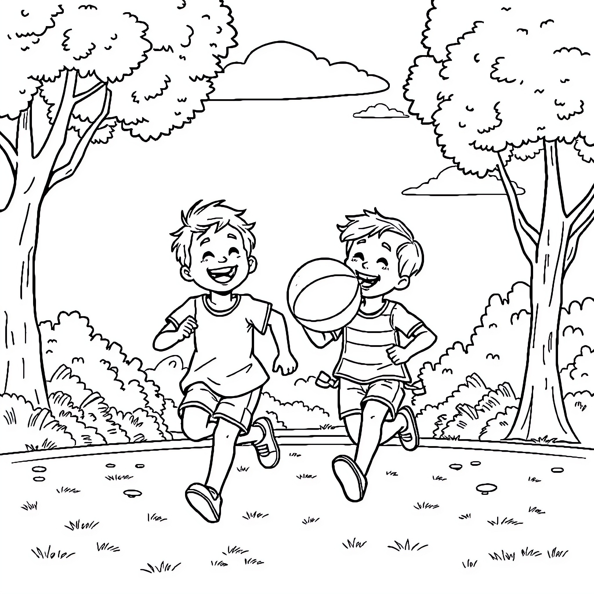 Kid playing joyfully with friend in nature Coloring Page (free black-and-white line drawing printable PDF for all, from beginners to advanced learners, including children, teens, adults, and seniors)