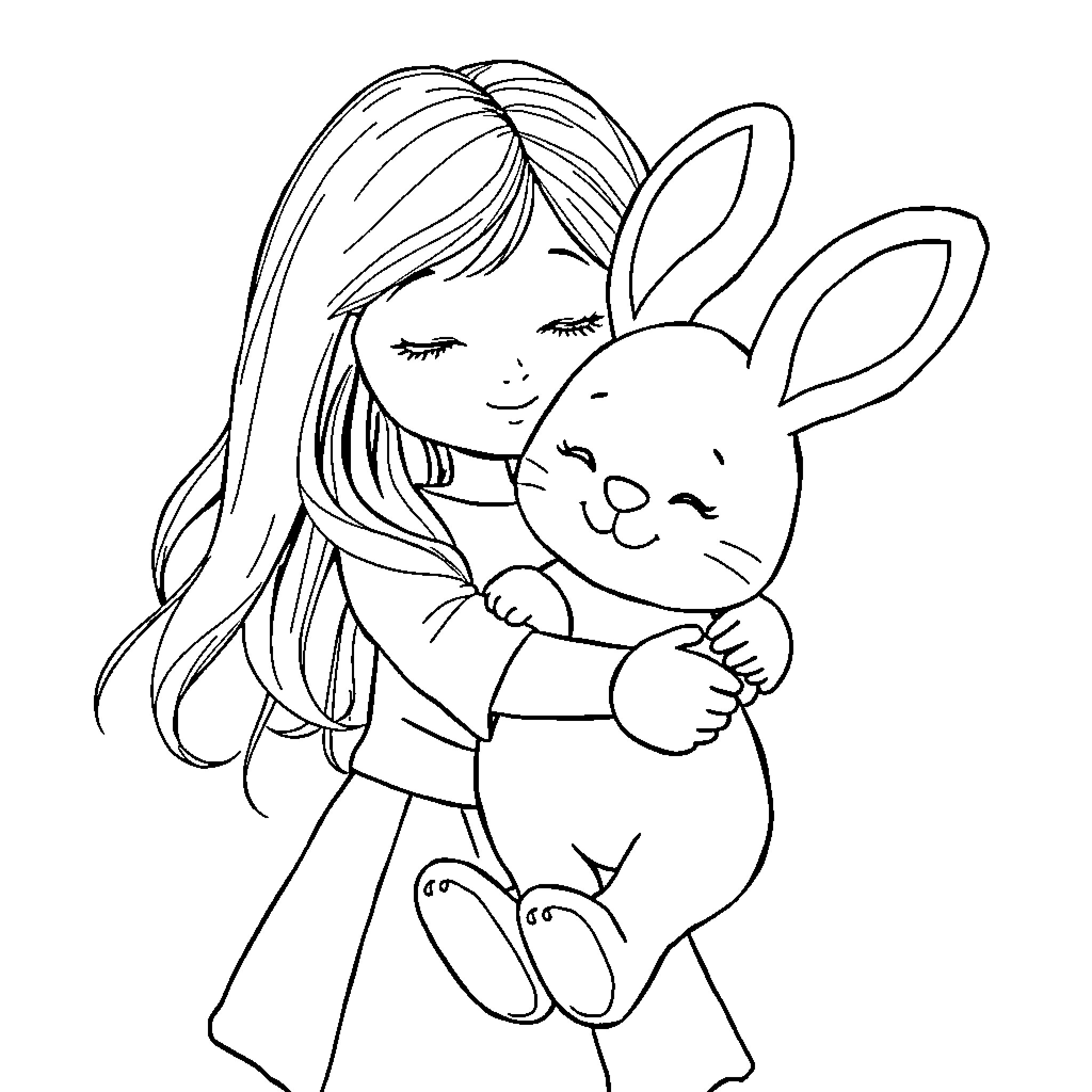 Bunny hugged lovingly by girl Coloring Page (free black-and-white line drawing printable PDF for all, from beginners to advanced learners, including children, teens, adults, and seniors)