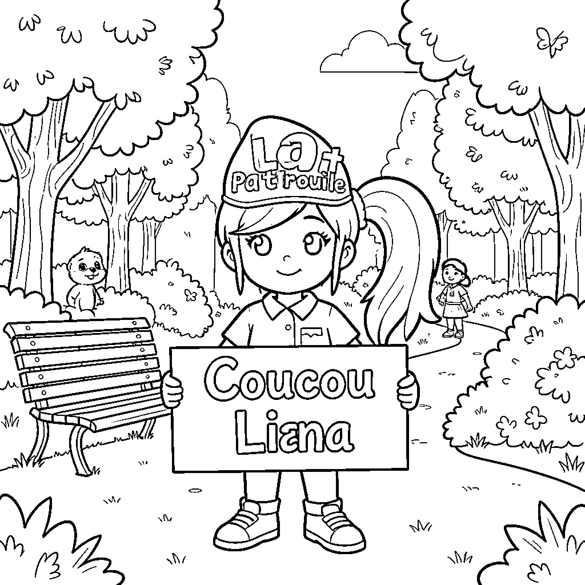 Paw Patrol themed girl holding a personalized sign Coloring Page (free black-and-white line drawing printable PDF for all, from beginners to advanced learners, including children, teens, adults, and seniors)